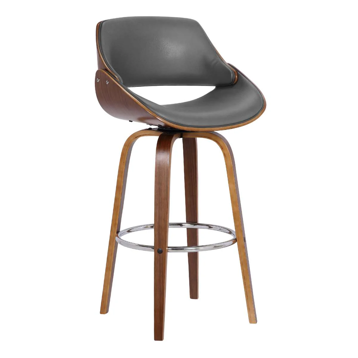 Mona 30" Bar Height Swivel Grey Faux Leather and Walnut Wood Bar Stool By Armen Living - Image 2