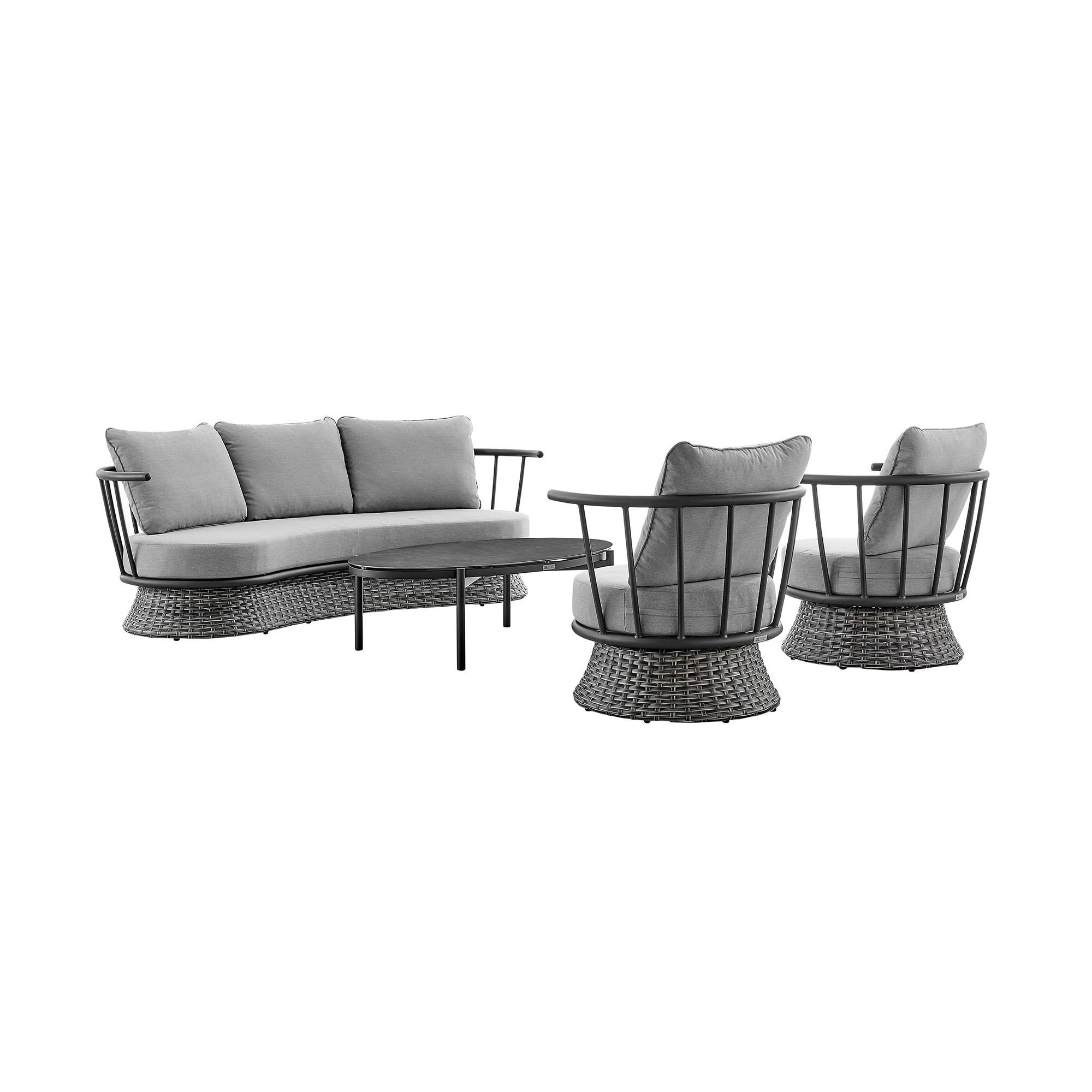 Monk 4 Piece Outdoor Patio Furniture Set in Black Aluminum and Grey Wicker with Grey Cushions By Armen Living - Image 2