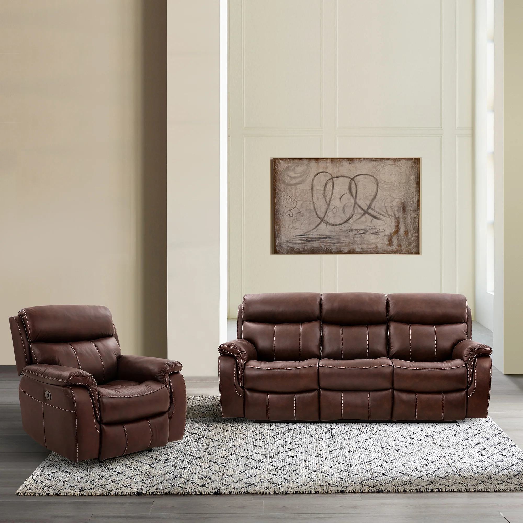 Montague Dual Power Headrest and Lumbar Support Reclining Sofa in Genuine Brown Leather By Armen Living - Image 3