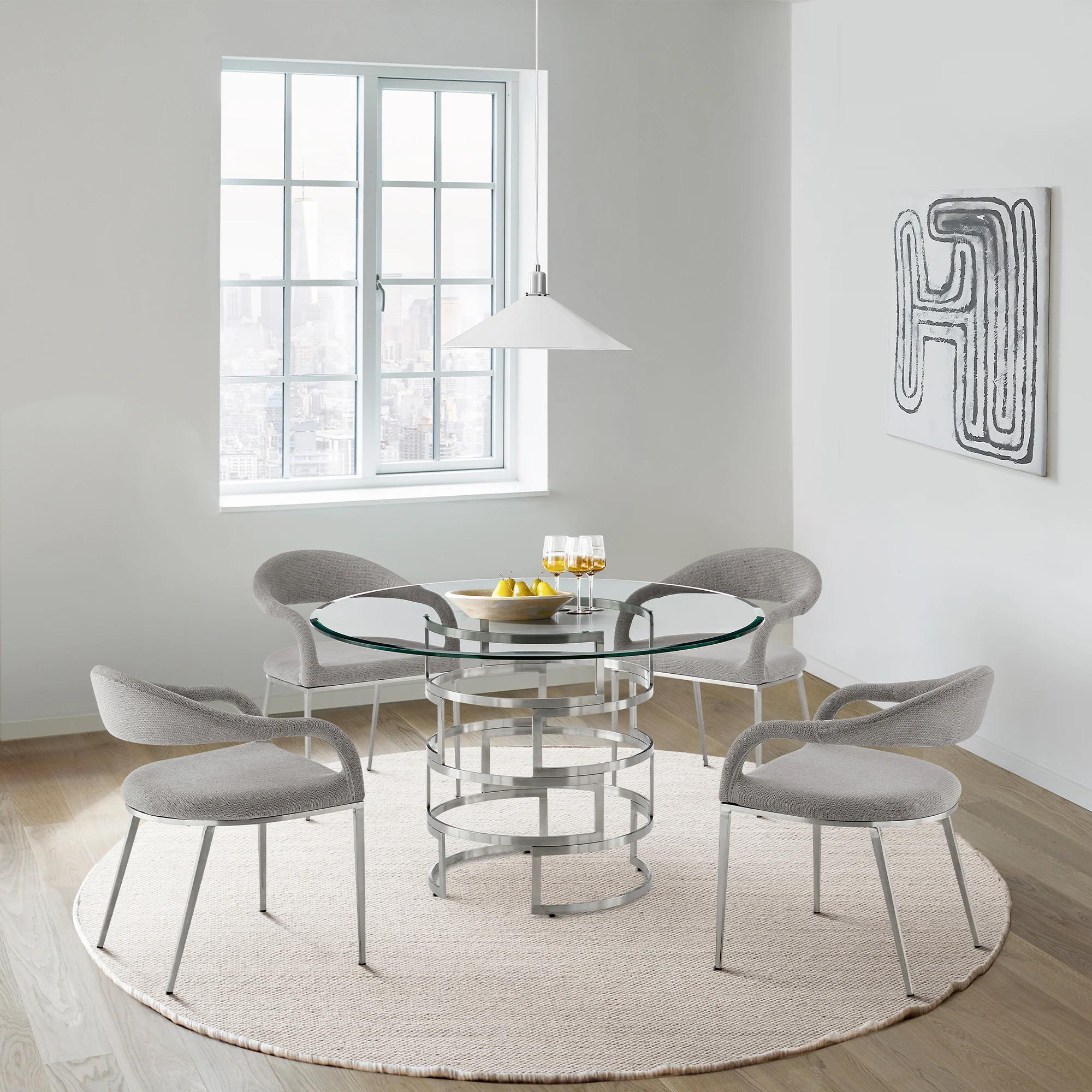 Morgan Upholstered Dining Chair with Brushed Stainless Steel and Light Gray Fabric - Set of 2 By Armen Living - Image 2