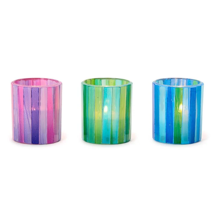 Mosaic Striations Set of 6 Tealight / Votive Candle Holders Includes 3 Colors: Blue, Green, Pink - Two's Company - Image 2