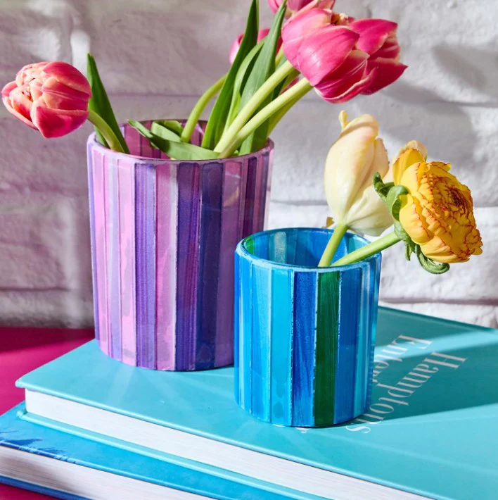 Mosaic Striations Set of 6 Tealight / Votive Candle Holders Includes 3 Colors: Blue, Green, Pink - Two's Company - Image 4