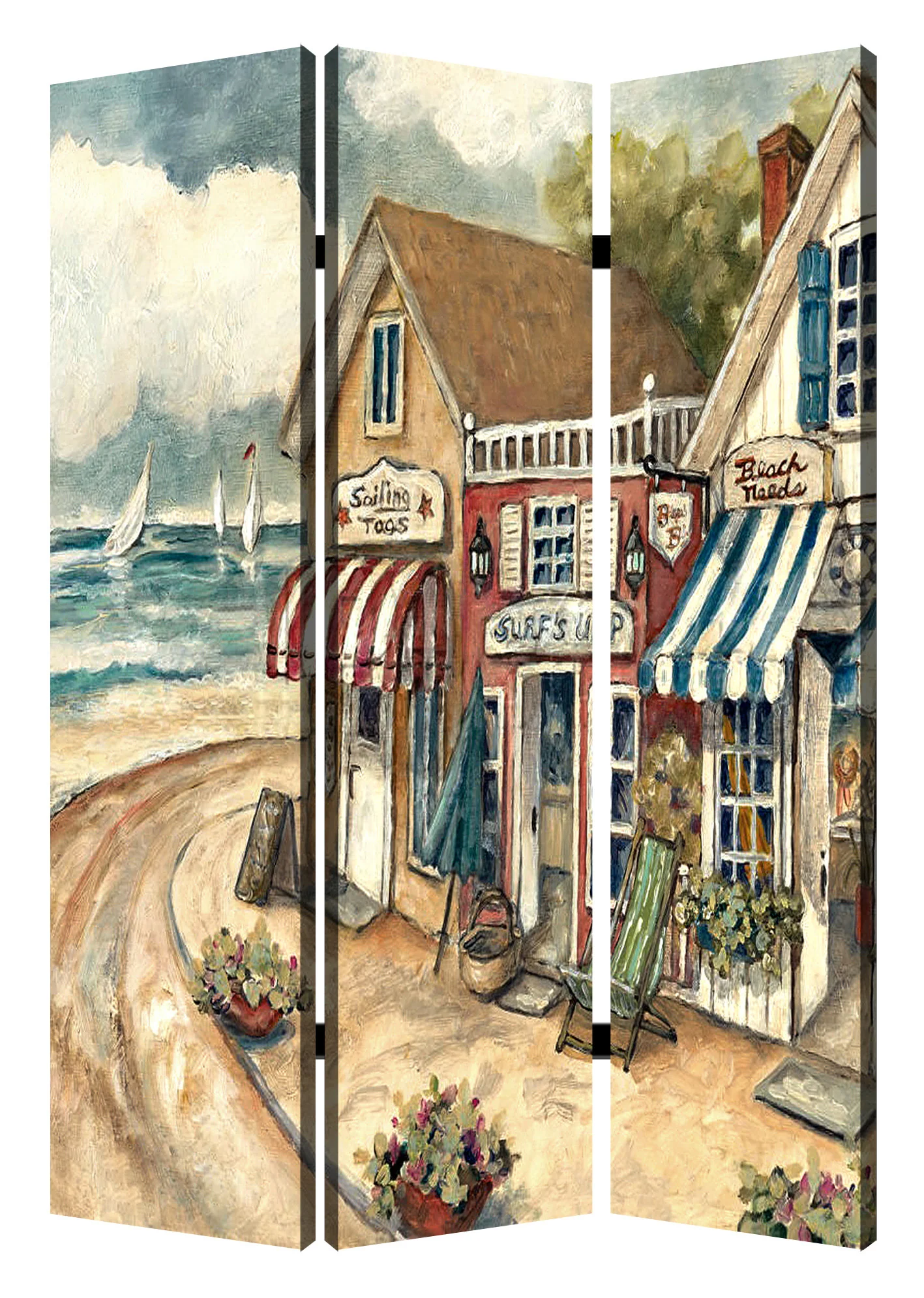 Multi Color Wood Canvas Seaside Town Slate Screen By Homeroots - Image 2