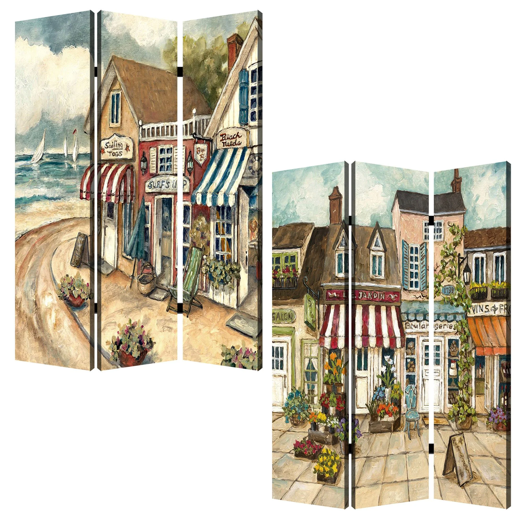 Multi Color Wood Canvas Seaside Town Slate Screen By Homeroots - Image 3