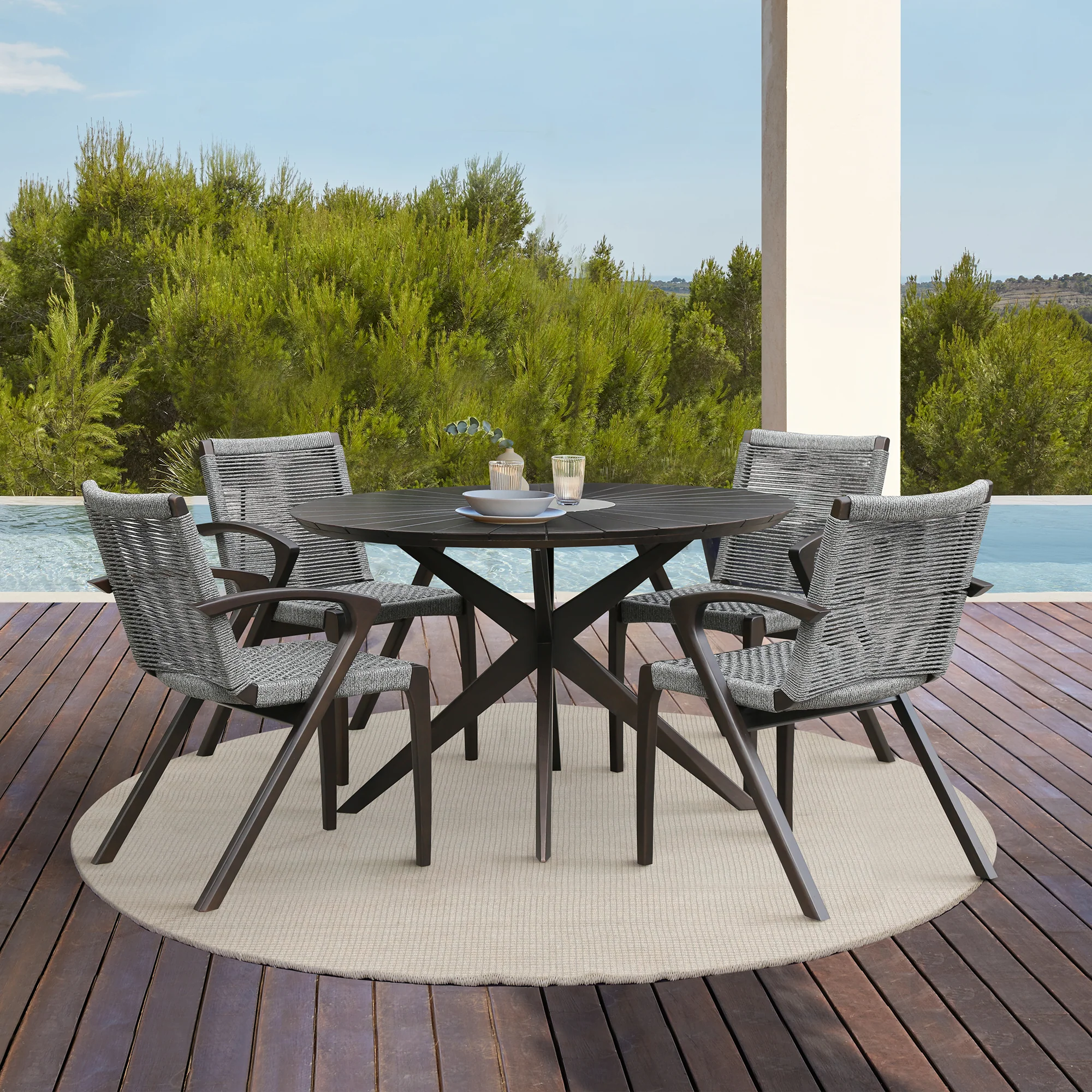 Nabila Outdoor Dark Eucalyptus Wood and Grey Rope Dining Chairs - Set of 2 By Armen Living - Image 3