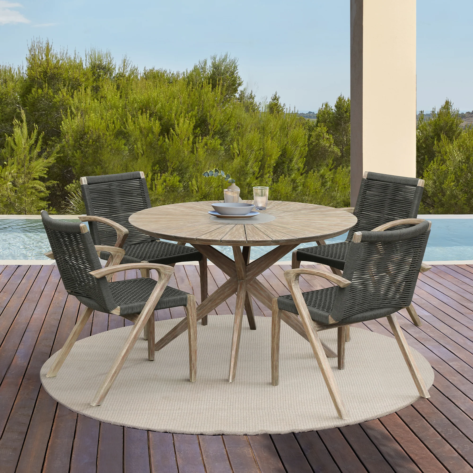 Nabila Outdoor Light Eucalyptus Wood and Charcoal Rope Dining Chairs - Set of 2 By Armen Living - Image 3