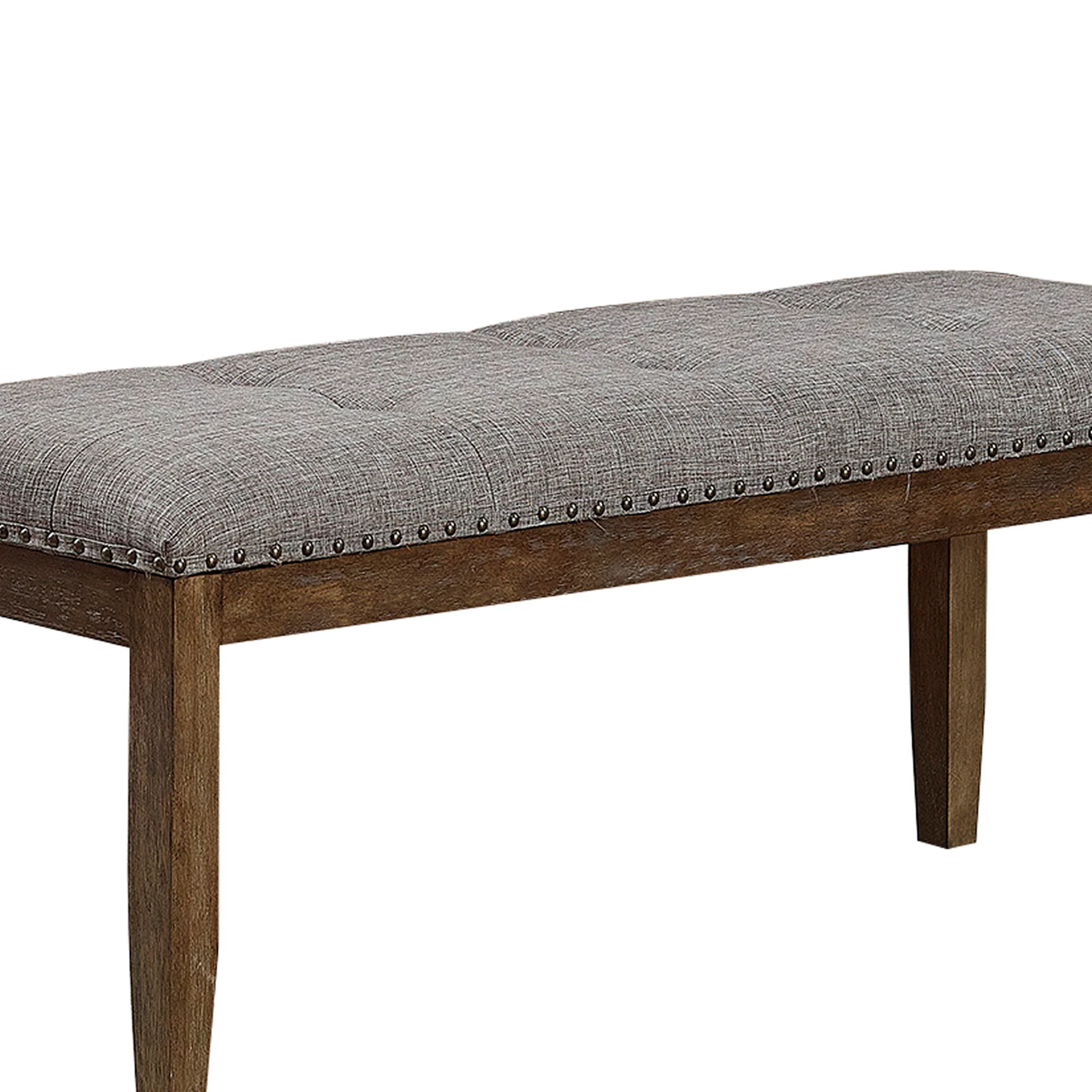Nailhead Trim Fabric Upholstered Bench With Button Tufting, Brown And Gray By Benzara - Image 3