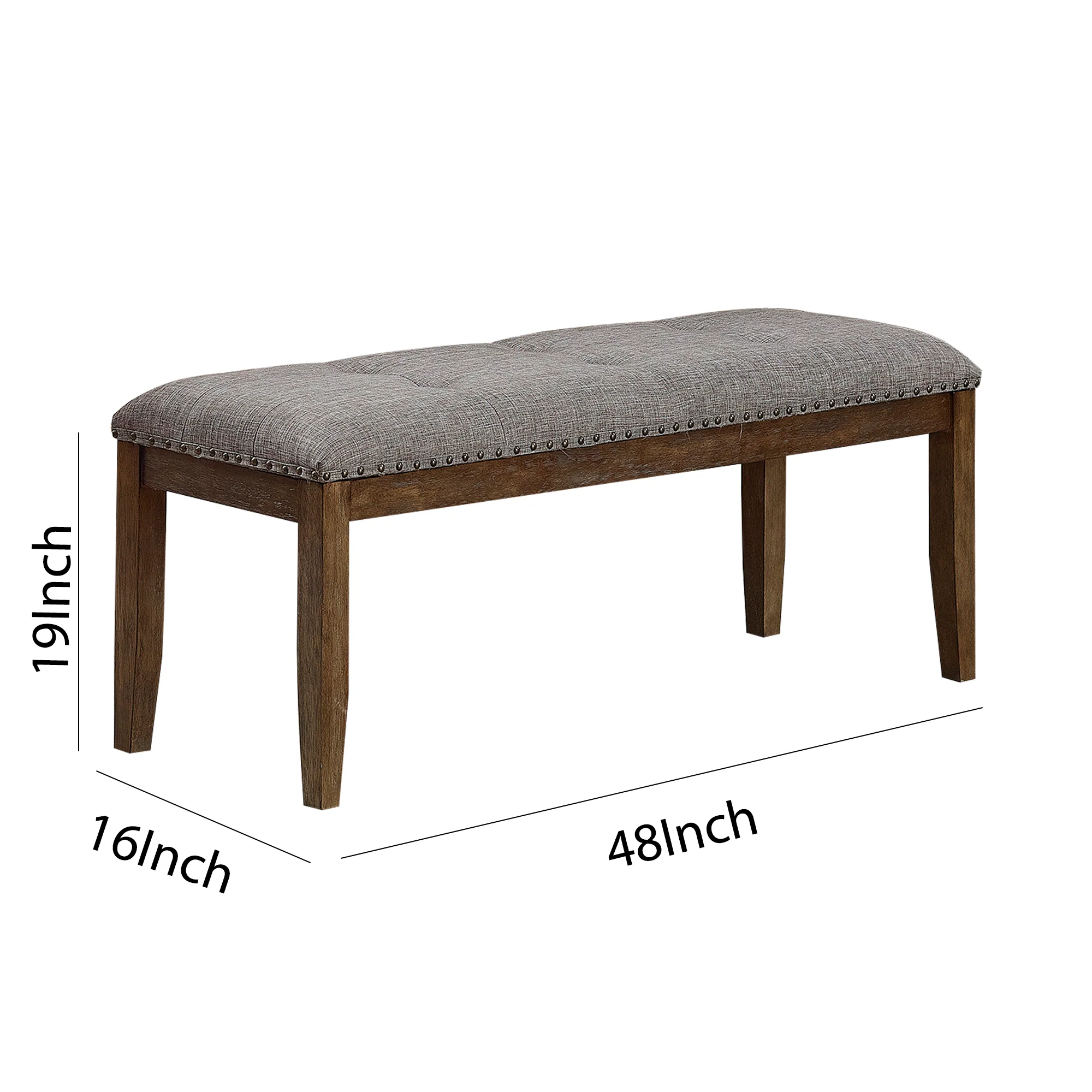 Nailhead Trim Fabric Upholstered Bench With Button Tufting, Brown And Gray By Benzara - Image 5