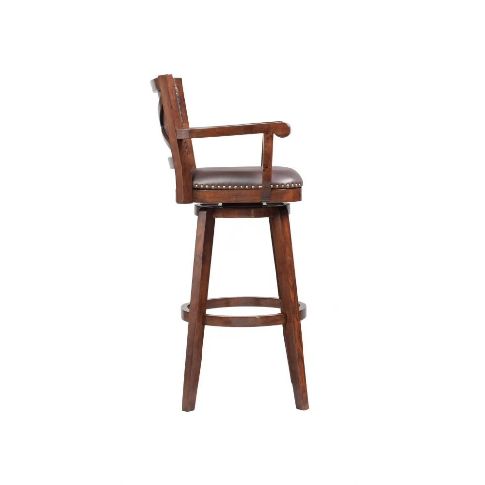 Nailhead Trim Faux Leather Upholstered Barstool With Wooden Arms, Dark Brown By Benzara - Image 2