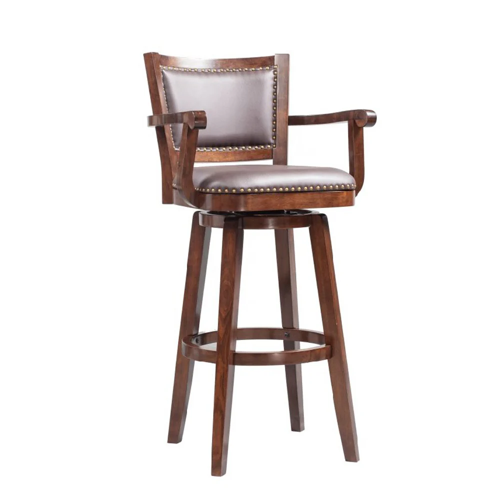 Nailhead Trim Faux Leather Upholstered Barstool With Wooden Arms, Dark Brown By Benzara - Image 3