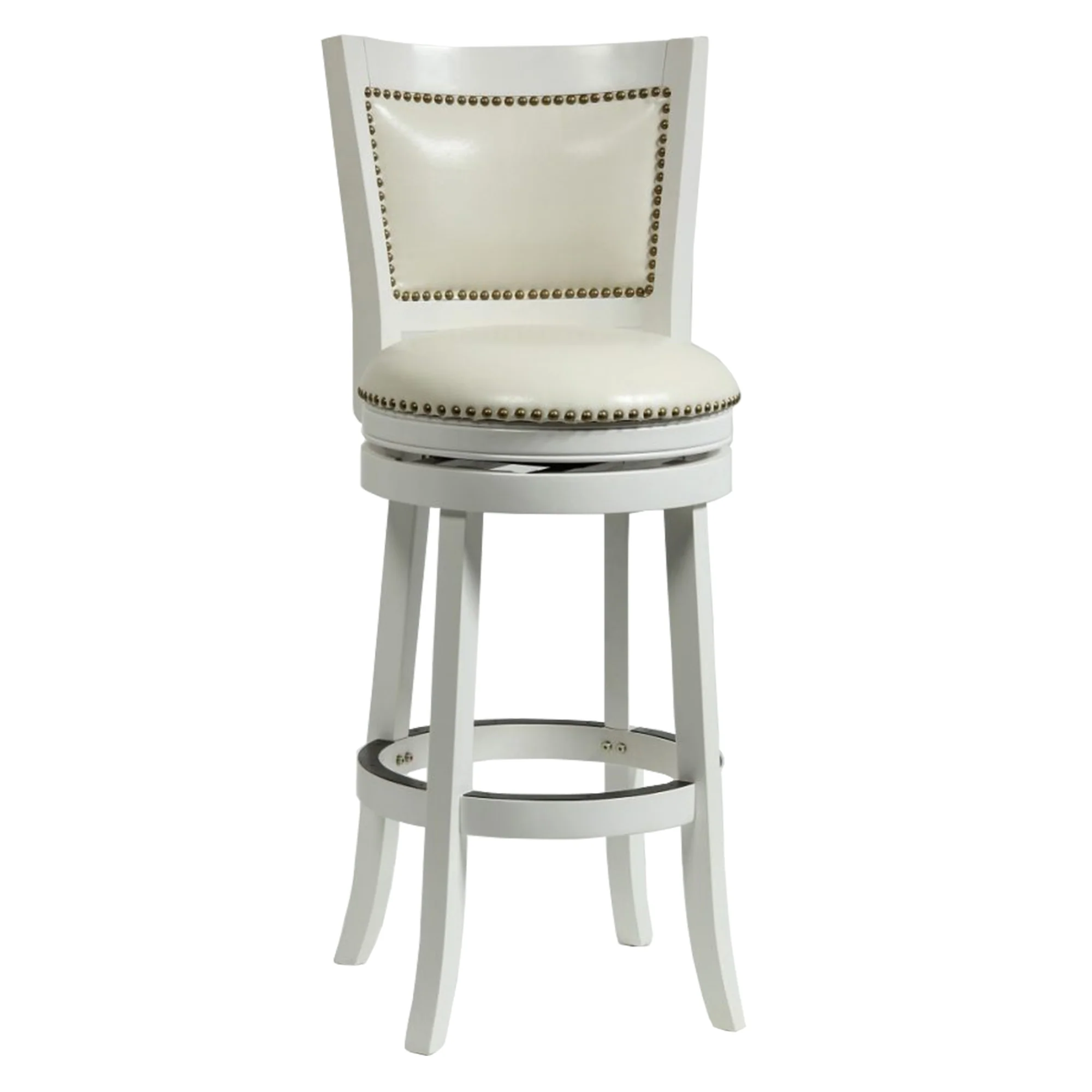 Nailhead Trim Round Leatherette Barstool with Flared Legs, White By Benzara - Image 2