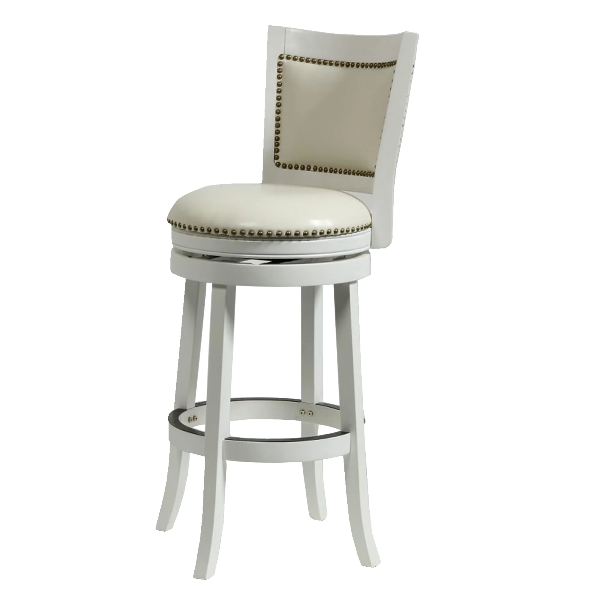 Nailhead Trim Round Leatherette Barstool with Flared Legs, White By Benzara - Image 3
