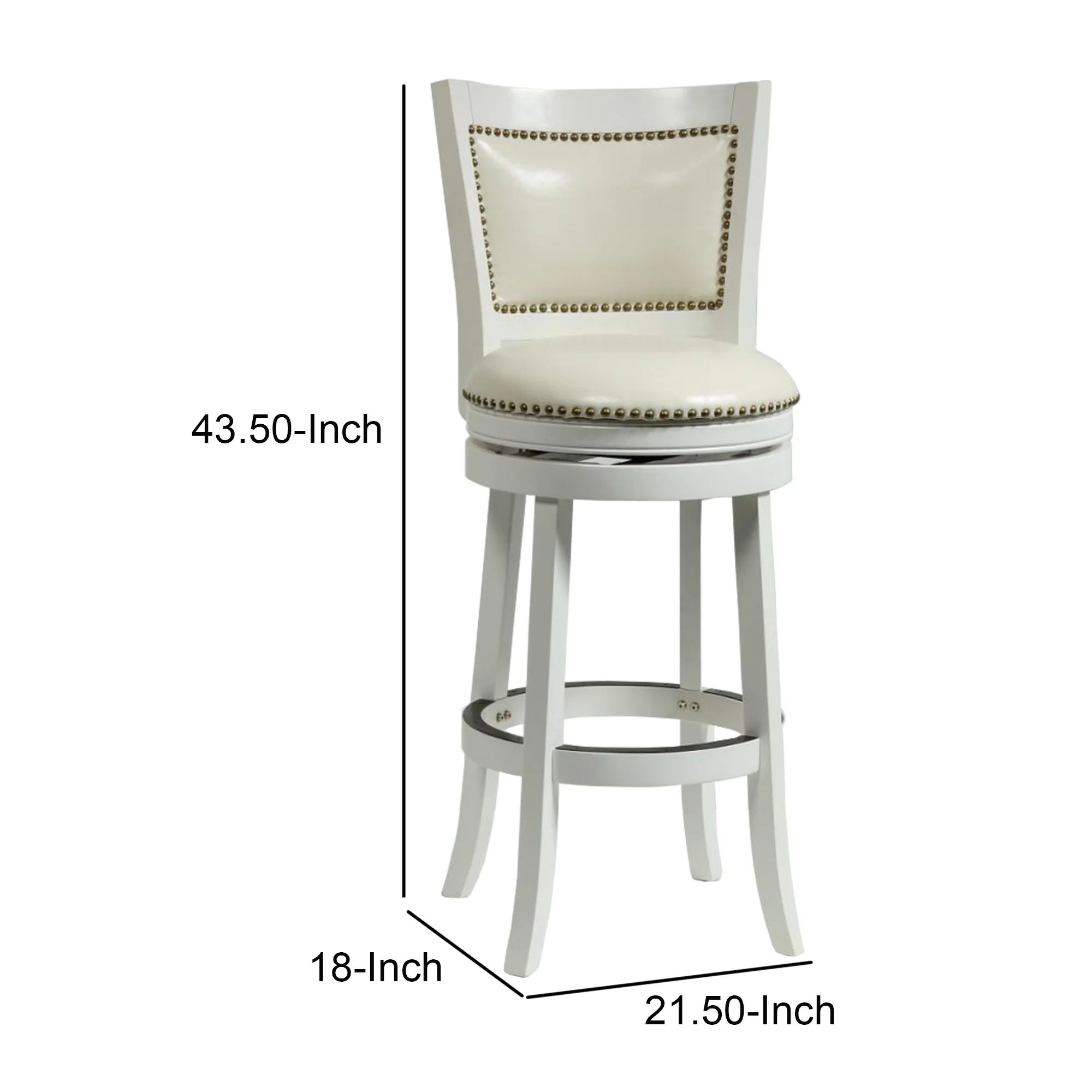 Nailhead Trim Round Leatherette Barstool with Flared Legs, White By Benzara - Image 5