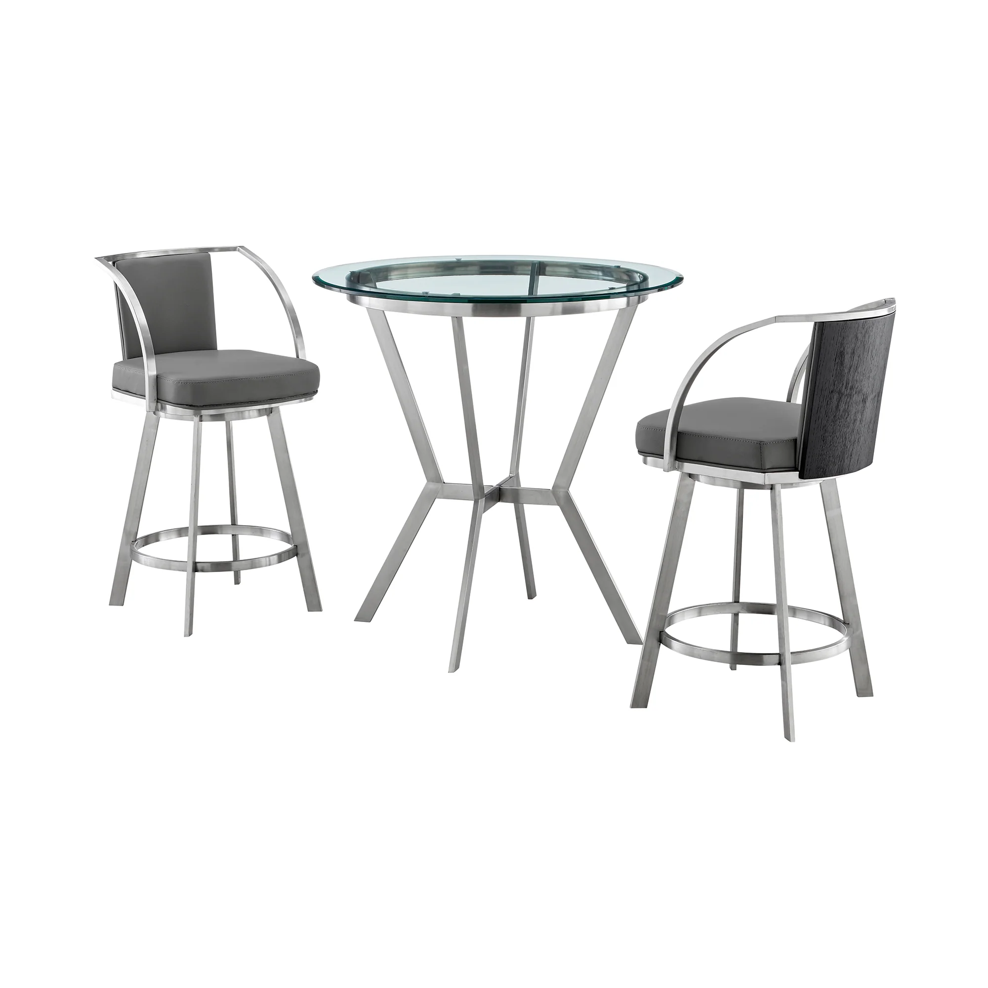 Naomi and Livingston 3-Piece Counter Height Dining Set in Brushed Stainless Steel and Grey Faux Leather By Armen Living - Image 2