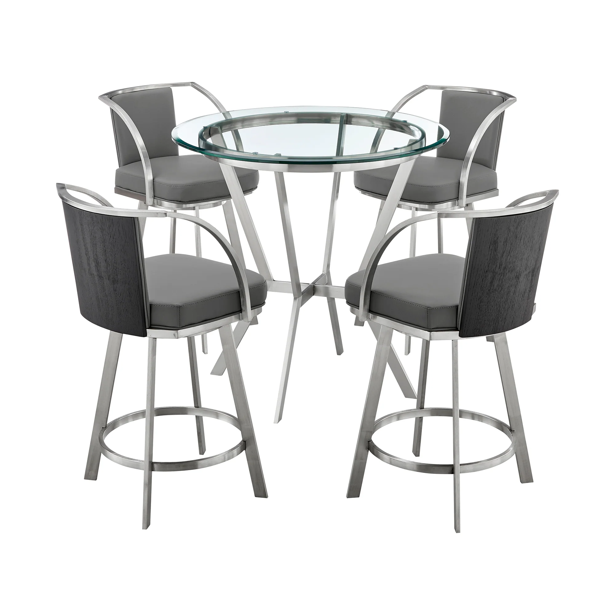 Naomi and Livingston 5-Piece Counter Height Dining Set in Brushed Stainless Steel and Grey Faux Leather By Armen Living - Image 2