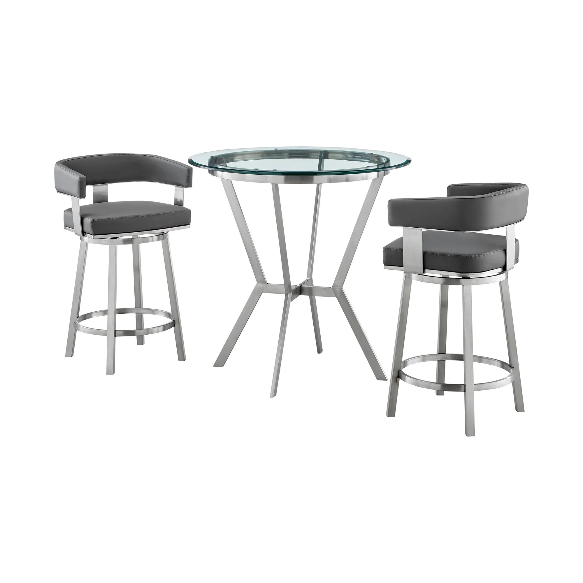 Naomi and Lorin 3-Piece Counter Height Dining Set in Brushed Stainless Steel and Grey Faux Leather By Armen Living - Image 2