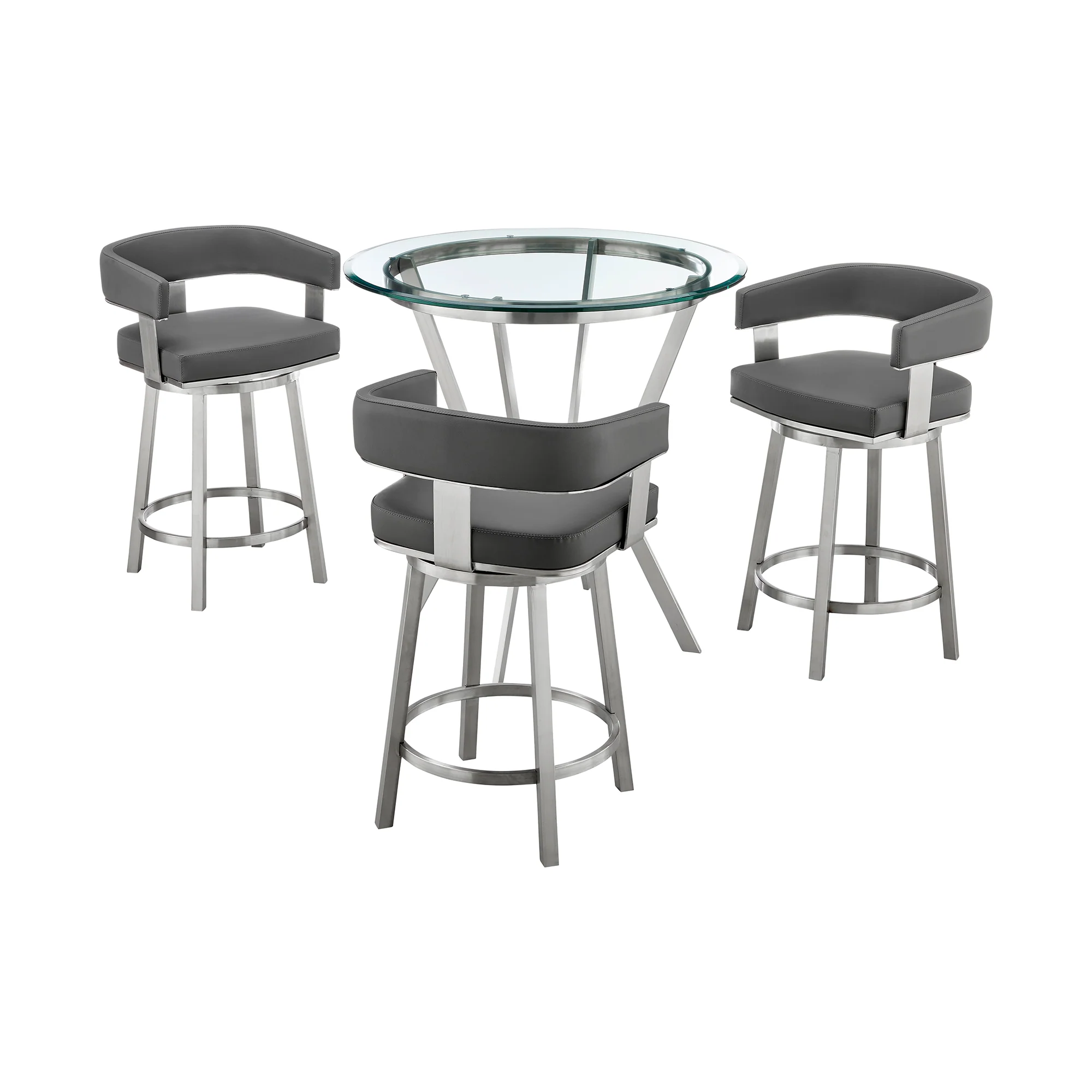 Naomi and Lorin 4-Piece Counter Height Dining Set in Brushed Stainless Steel and Grey Faux Leather By Armen Living - Image 2
