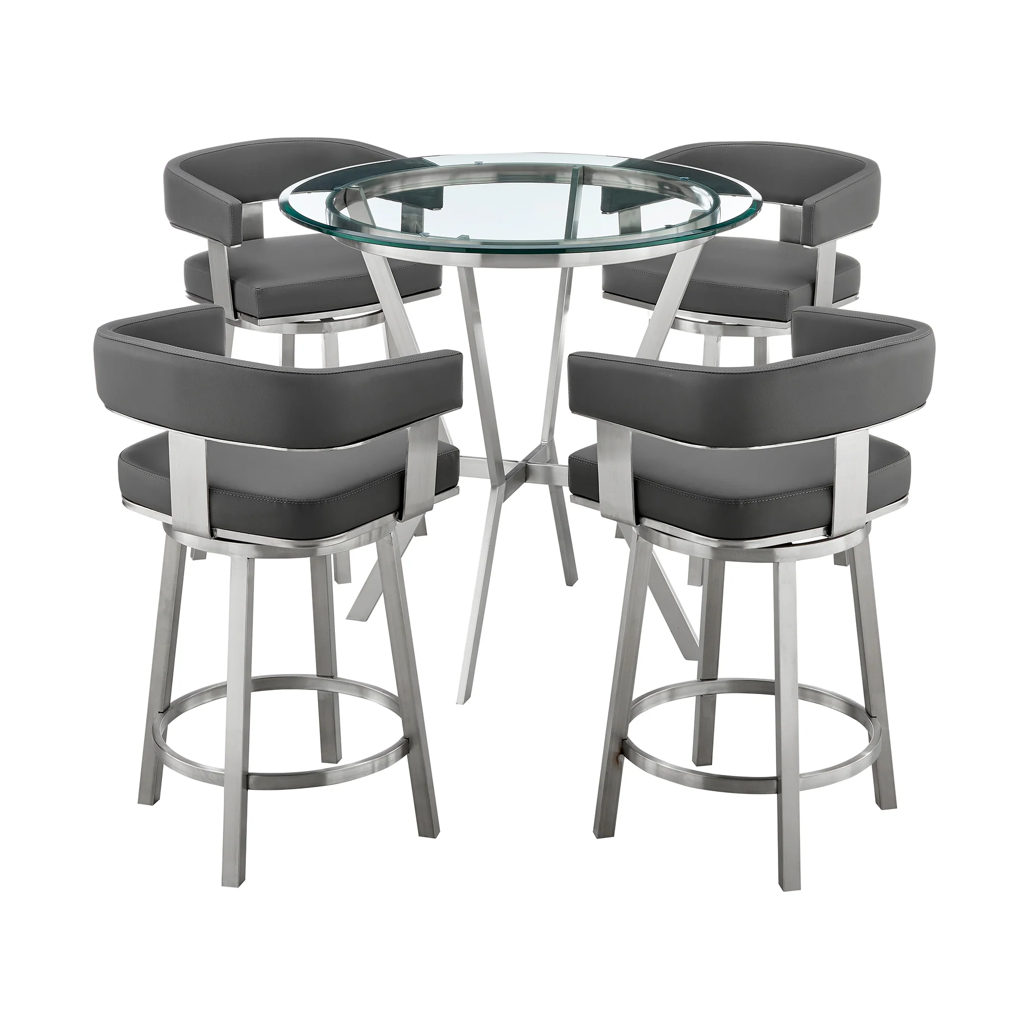 Naomi and Lorin 5-Piece Counter Height Dining Set in Brushed Stainless Steel and Grey Faux Leather By Armen Living - Image 2