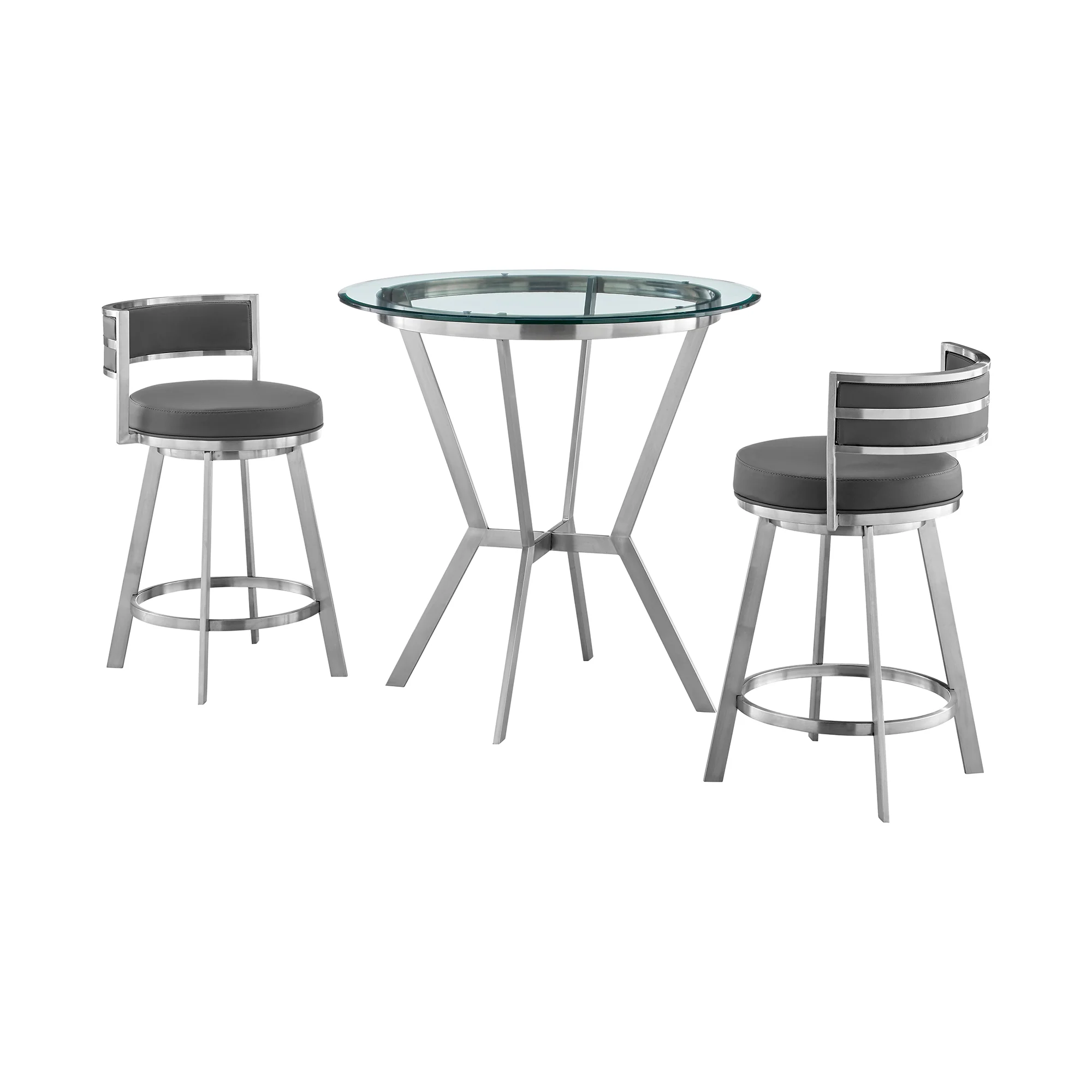 Naomi and Roman 3-Piece Counter Height Dining Set in Brushed Stainless Steel and Gray Faux Leather By Armen Living - Image 2