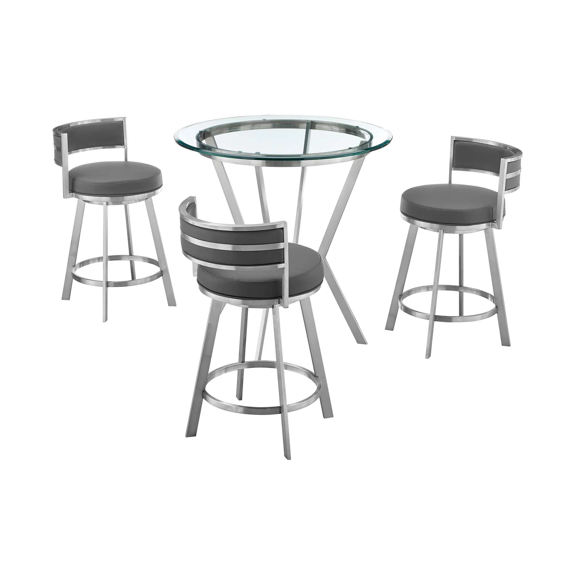 Naomi and Roman 4-Piece Counter Height Dining Set in Brushed Stainless Steel and Gray Faux Leather By Armen Living - Image 2