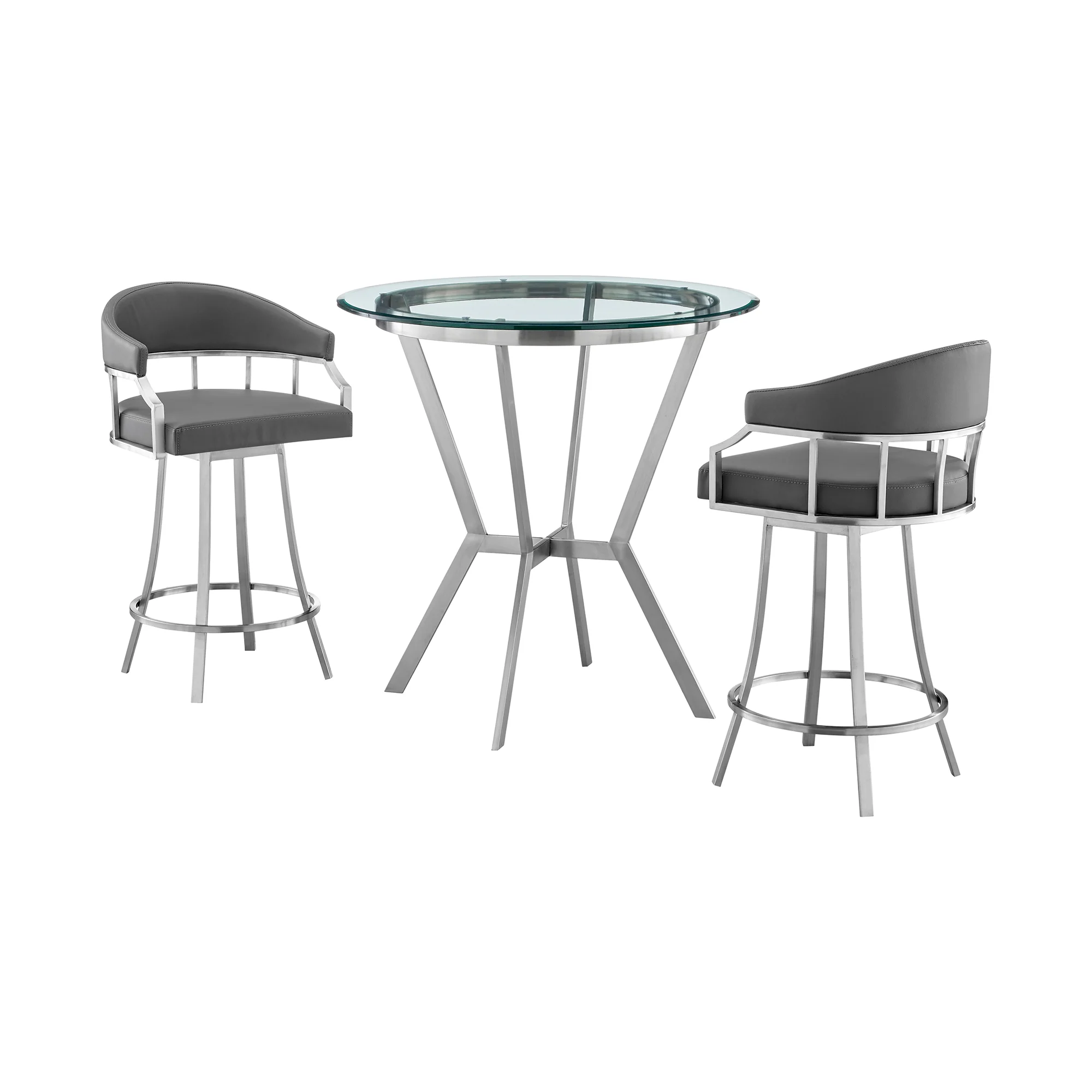 Naomi and Valerie 3-Piece Counter Height Dining Set in Brushed Stainless Steel and Gray Faux Leather By Armen Living - Image 2