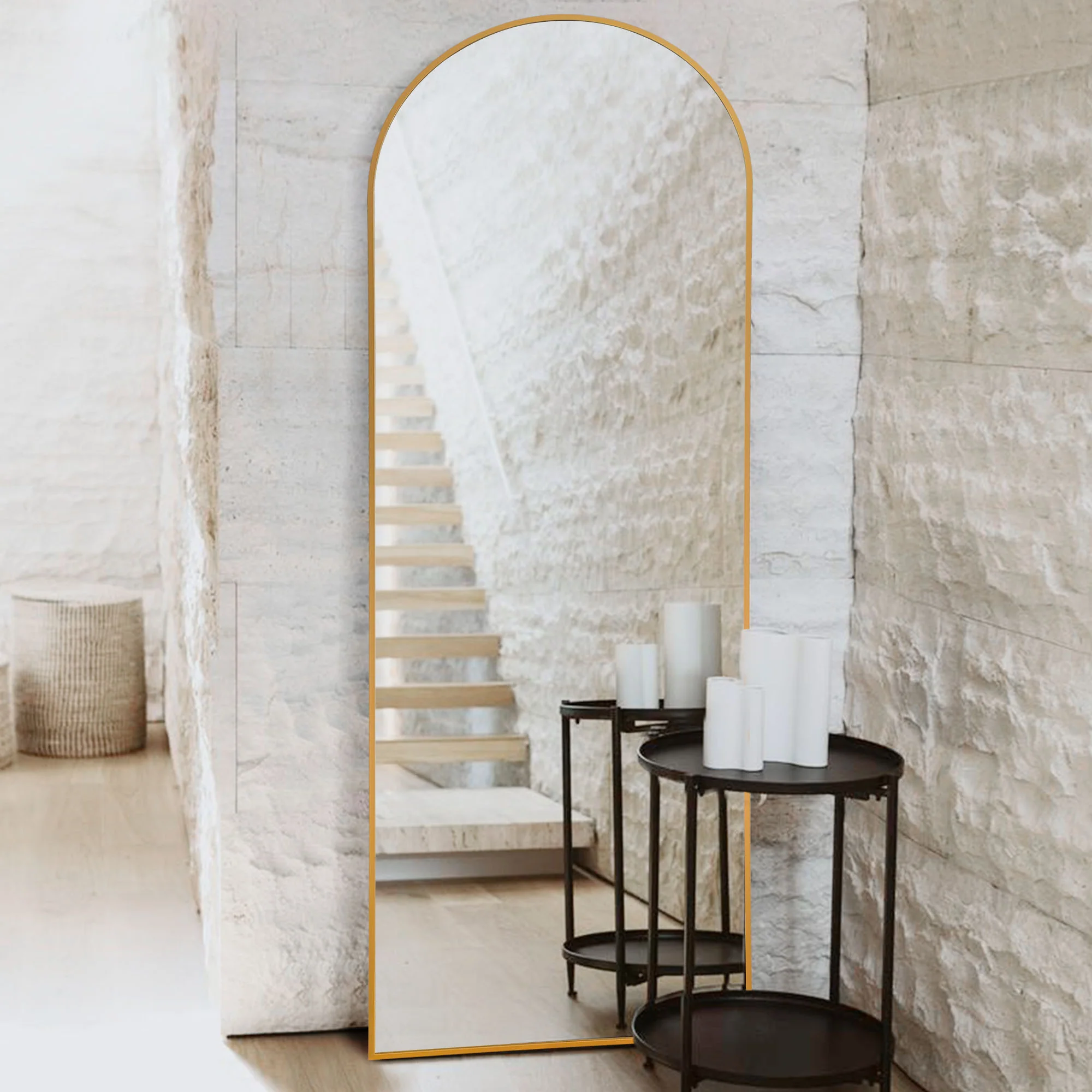Narrow Gold Arched Full-length Floor Mirror with Stand By Homeroots - Image 3