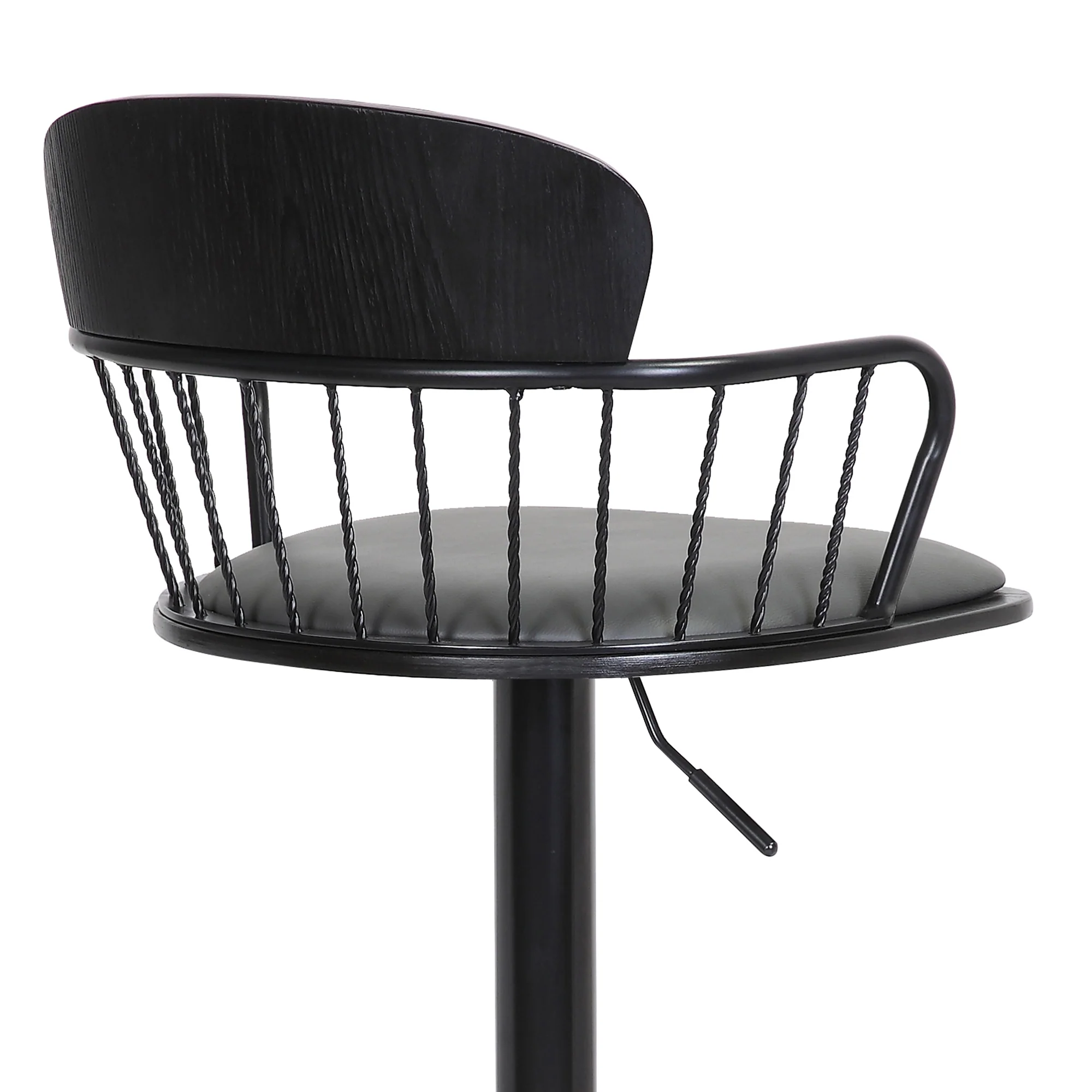 Nash Adjustable Black Wood Bar Stool in Grey Faux Leather with Black Metal By Armen Living - Image 10