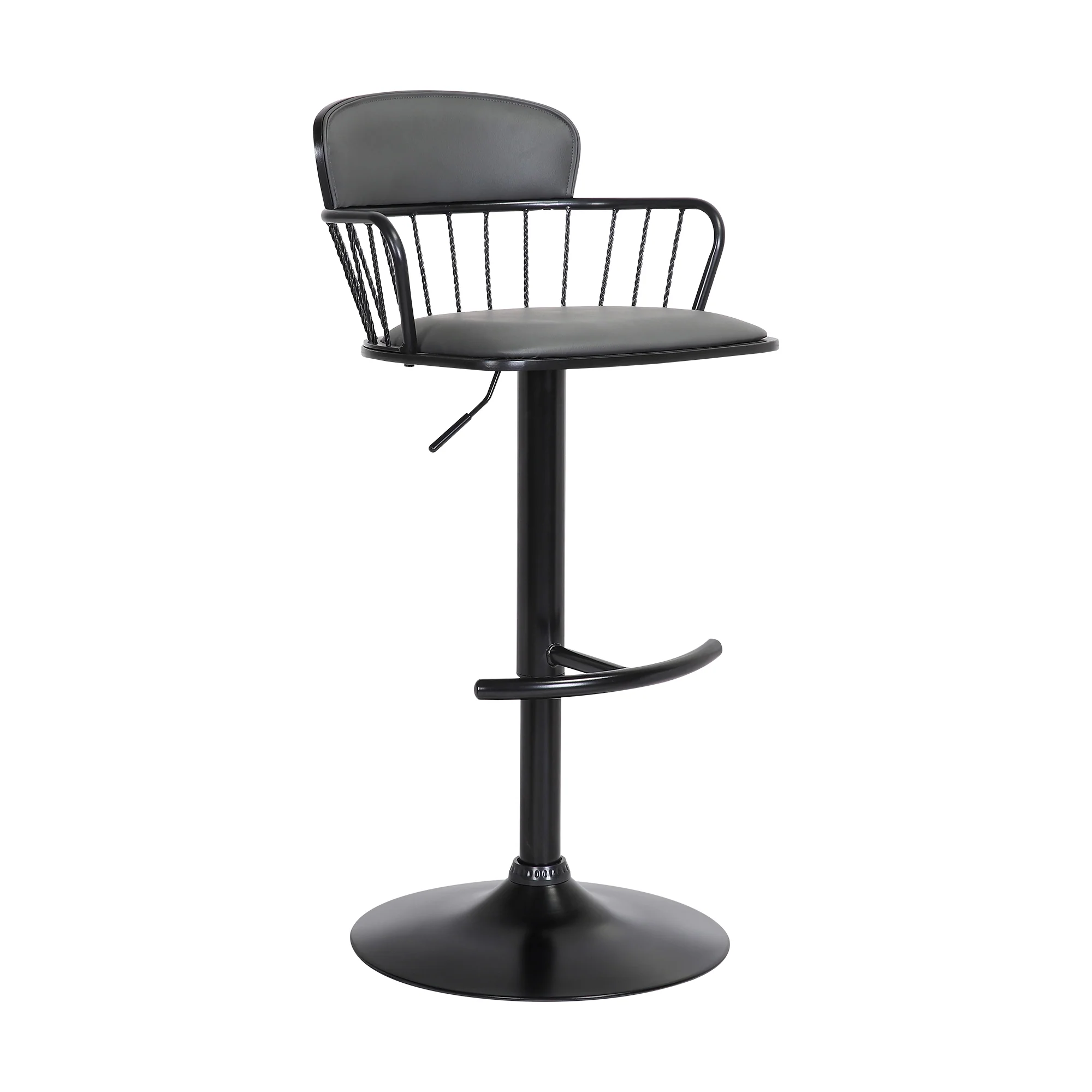 Nash Adjustable Black Wood Bar Stool in Grey Faux Leather with Black Metal By Armen Living - Image 2
