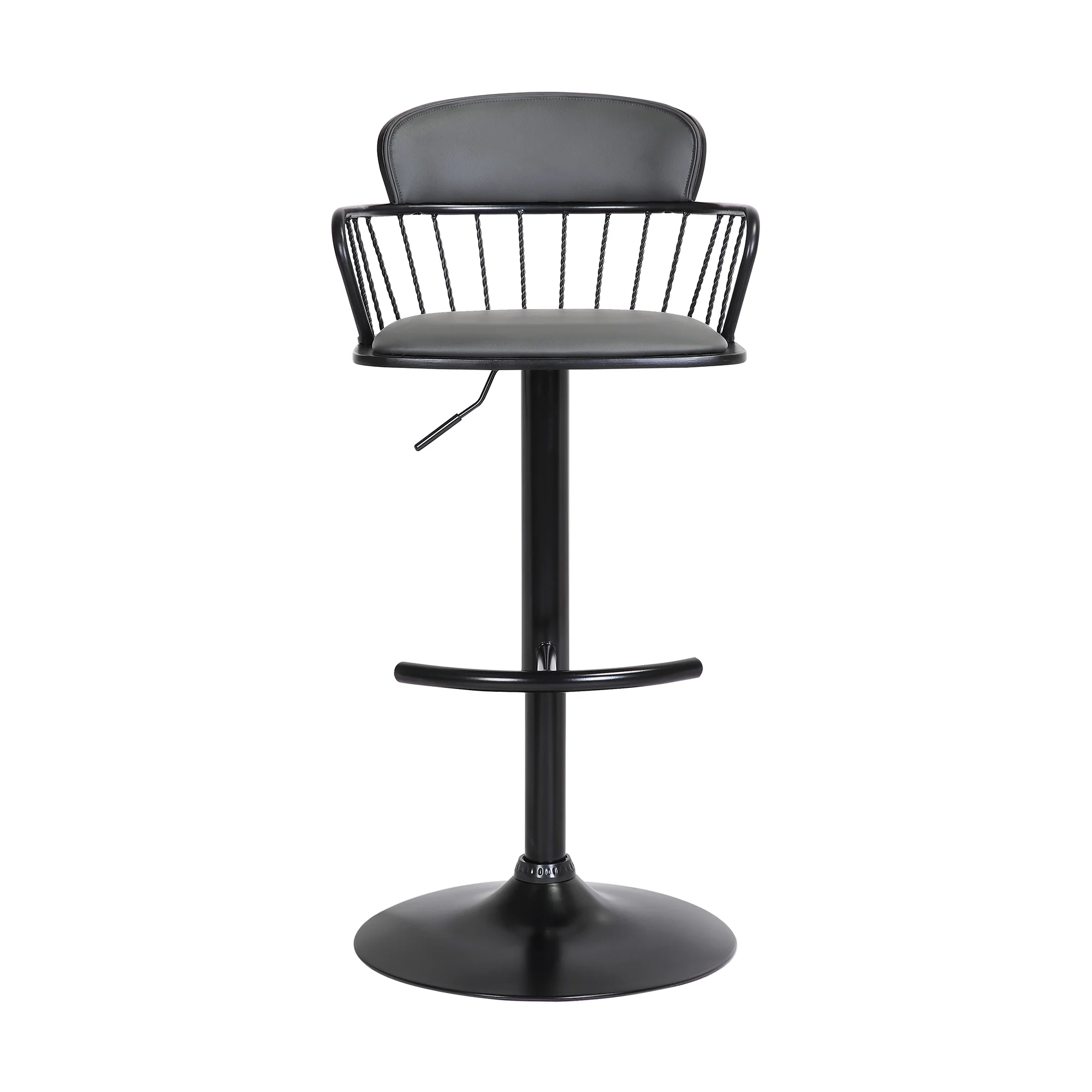 Nash Adjustable Black Wood Bar Stool in Grey Faux Leather with Black Metal By Armen Living - Image 3