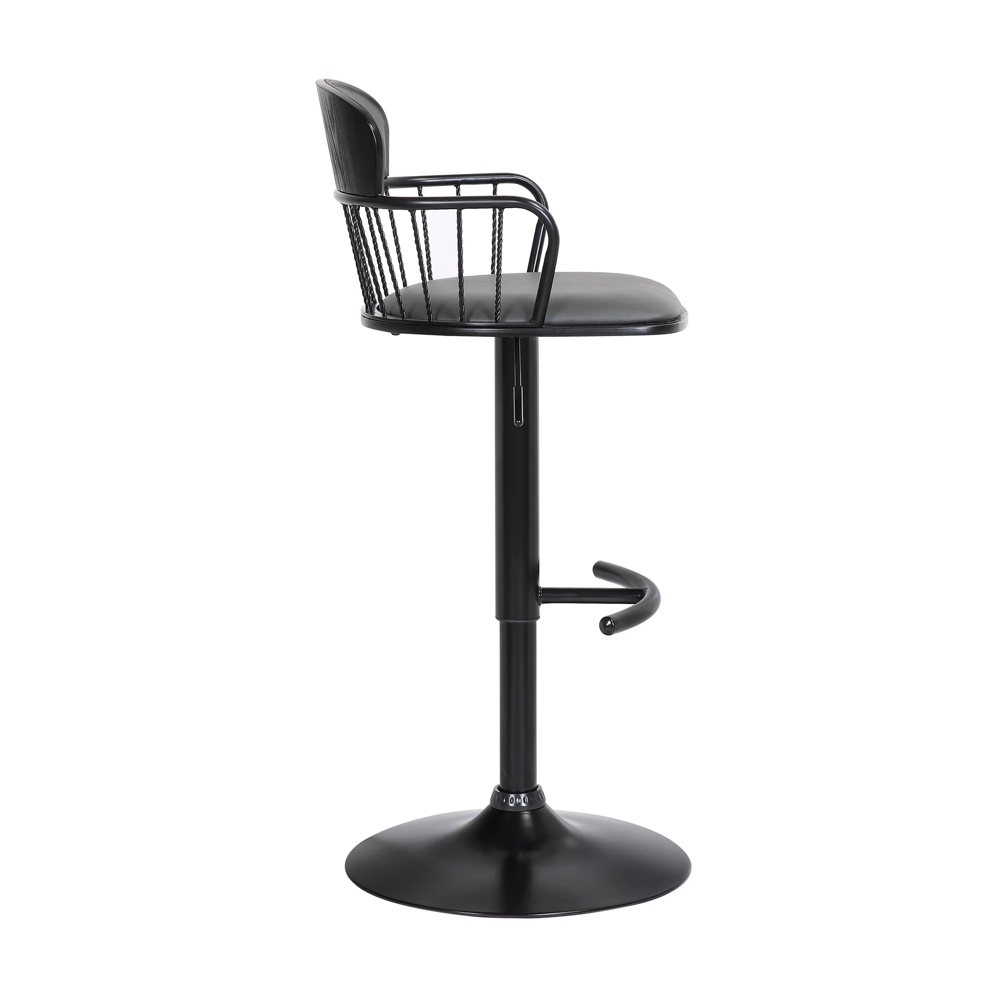 Nash Adjustable Black Wood Bar Stool in Grey Faux Leather with Black Metal By Armen Living - Image 4