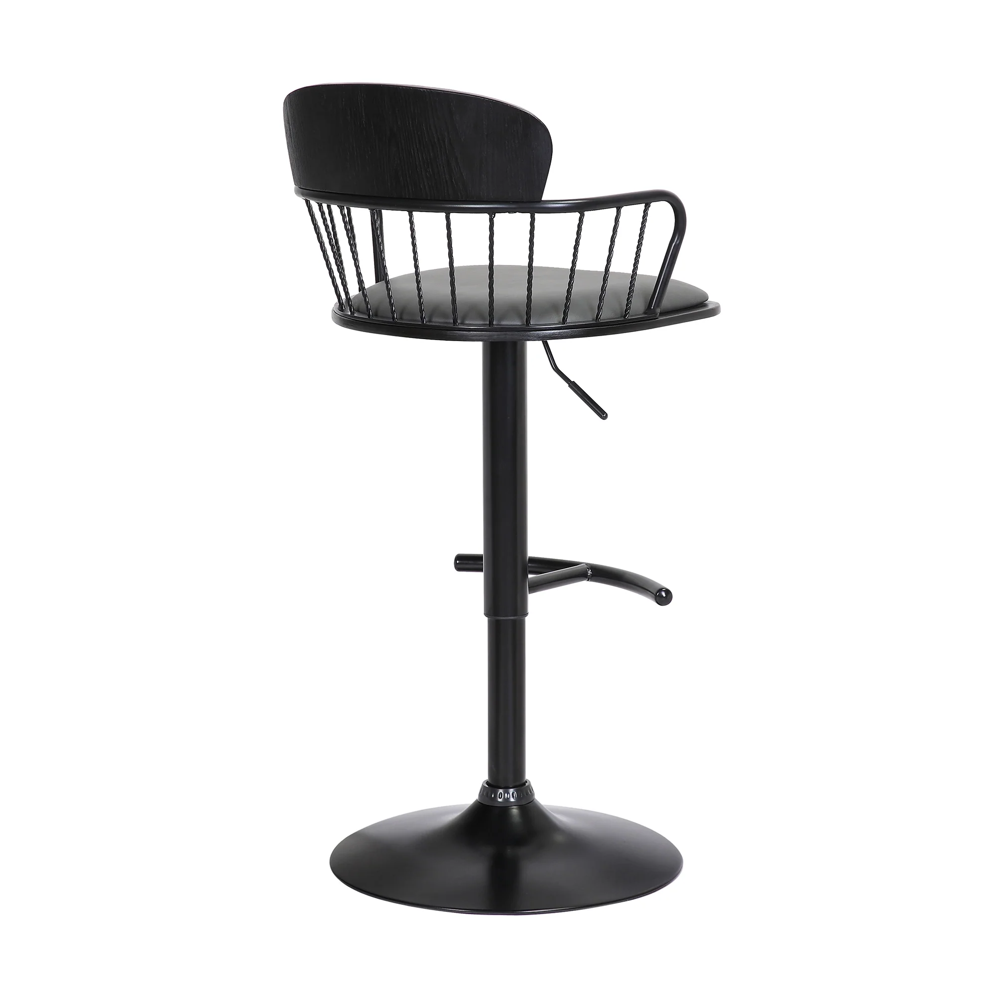 Nash Adjustable Black Wood Bar Stool in Grey Faux Leather with Black Metal By Armen Living - Image 5
