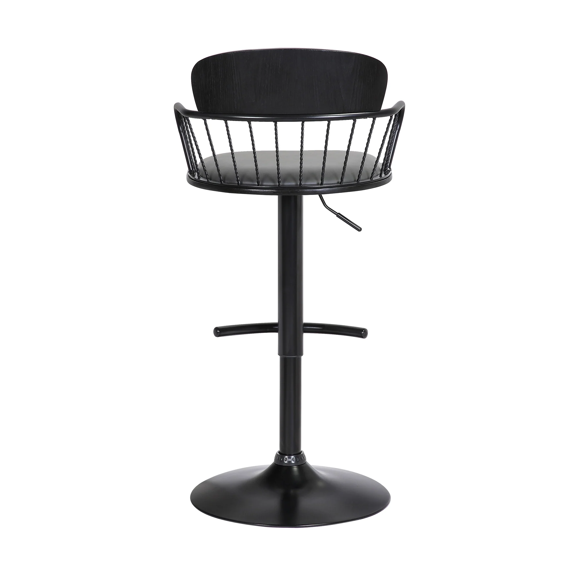 Nash Adjustable Black Wood Bar Stool in Grey Faux Leather with Black Metal By Armen Living - Image 6
