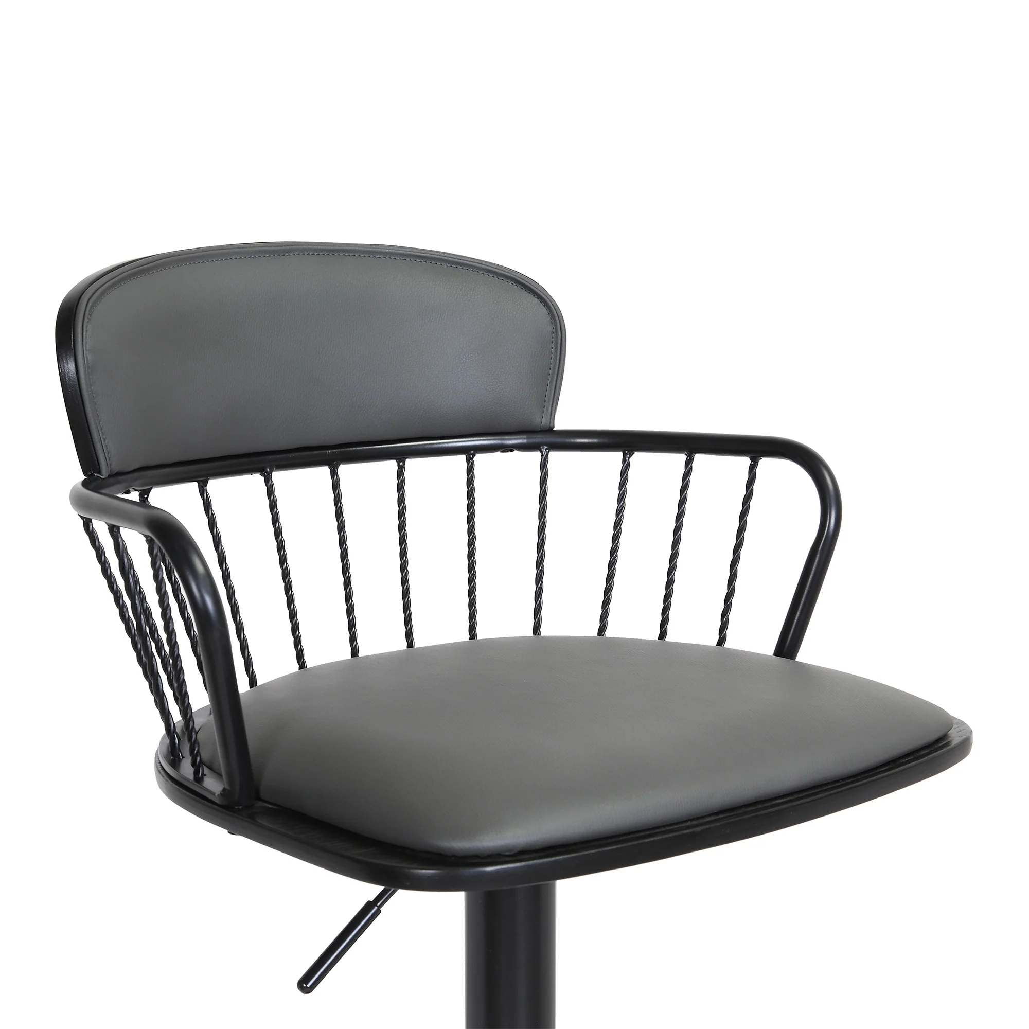 Nash Adjustable Black Wood Bar Stool in Grey Faux Leather with Black Metal By Armen Living - Image 7