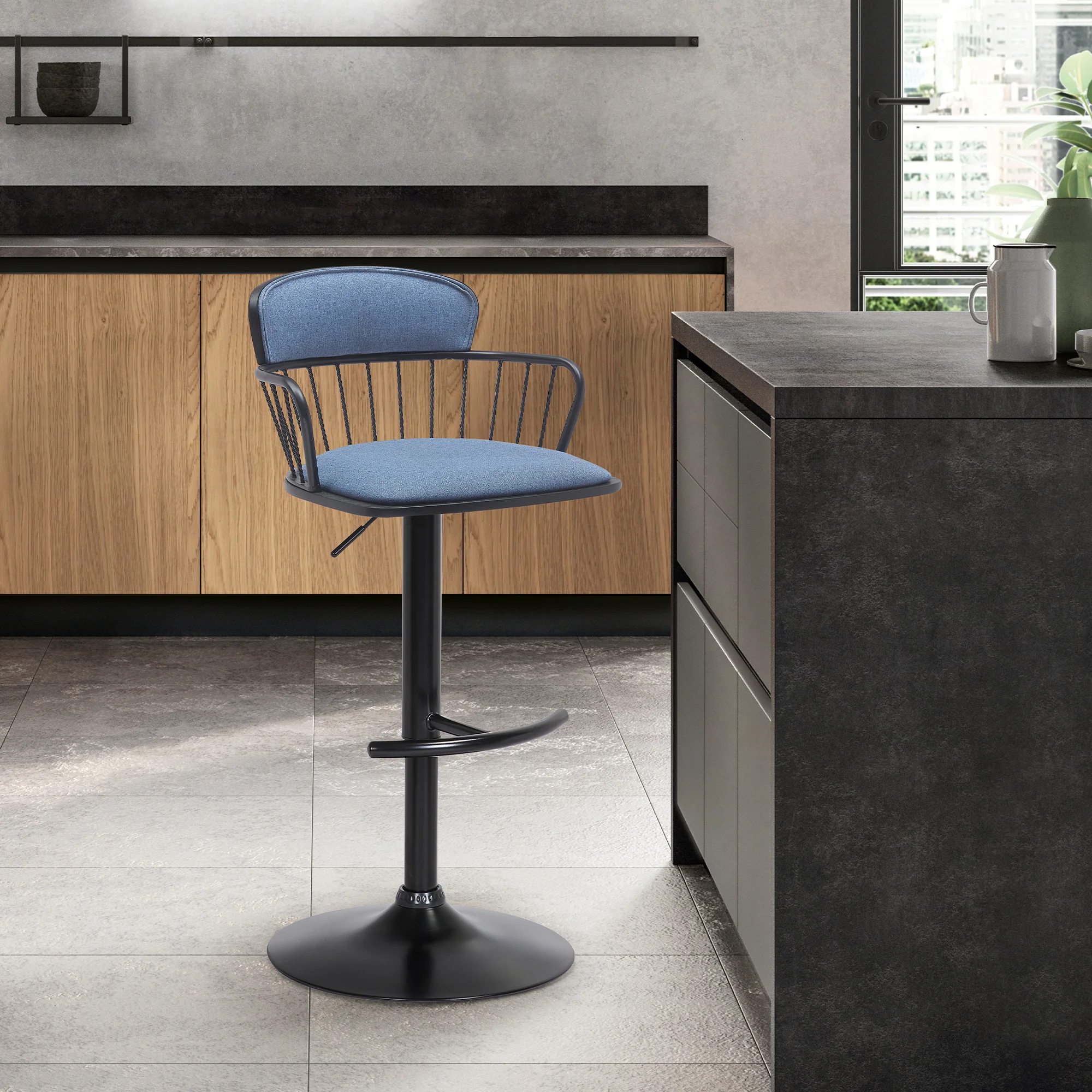 Nash Adjustable Black Wood Bar Stool in Light Gray Fabric with Black Metal By Armen Living - Image 10