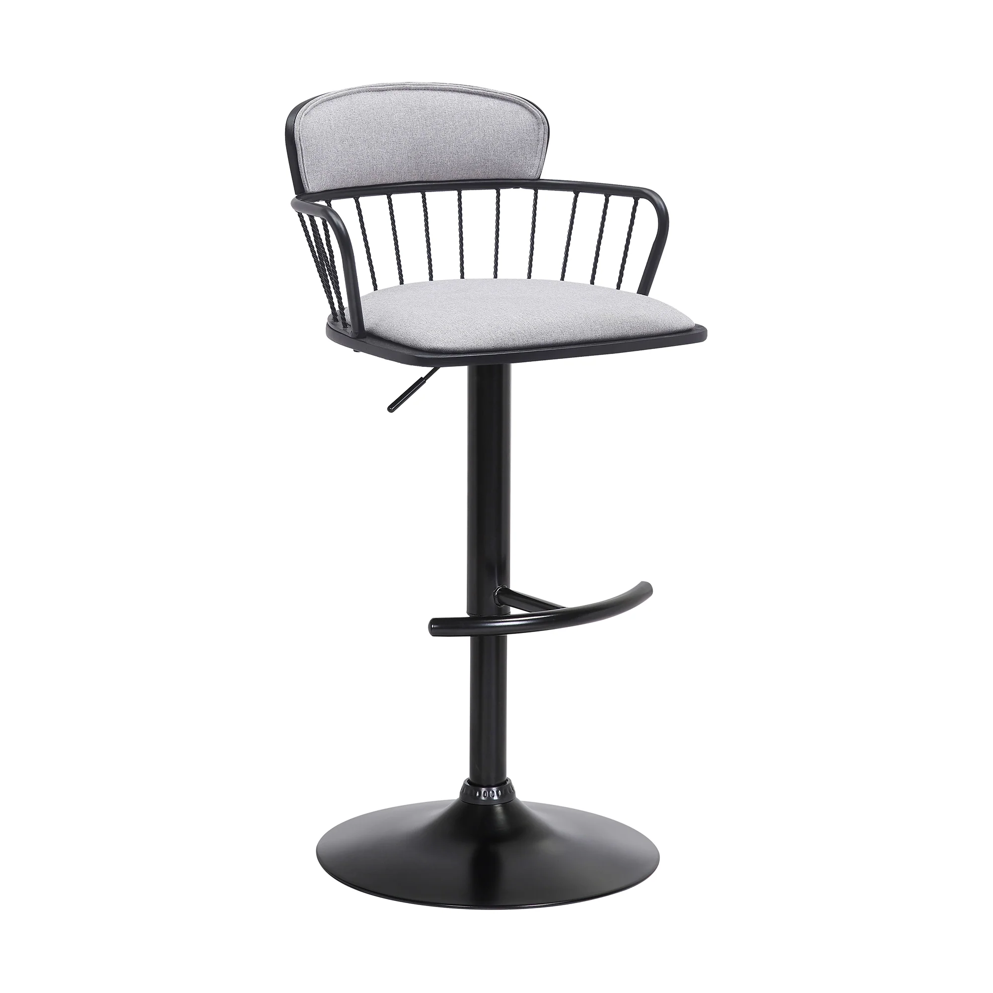 Nash Adjustable Black Wood Bar Stool in Light Gray Fabric with Black Metal By Armen Living - Image 2