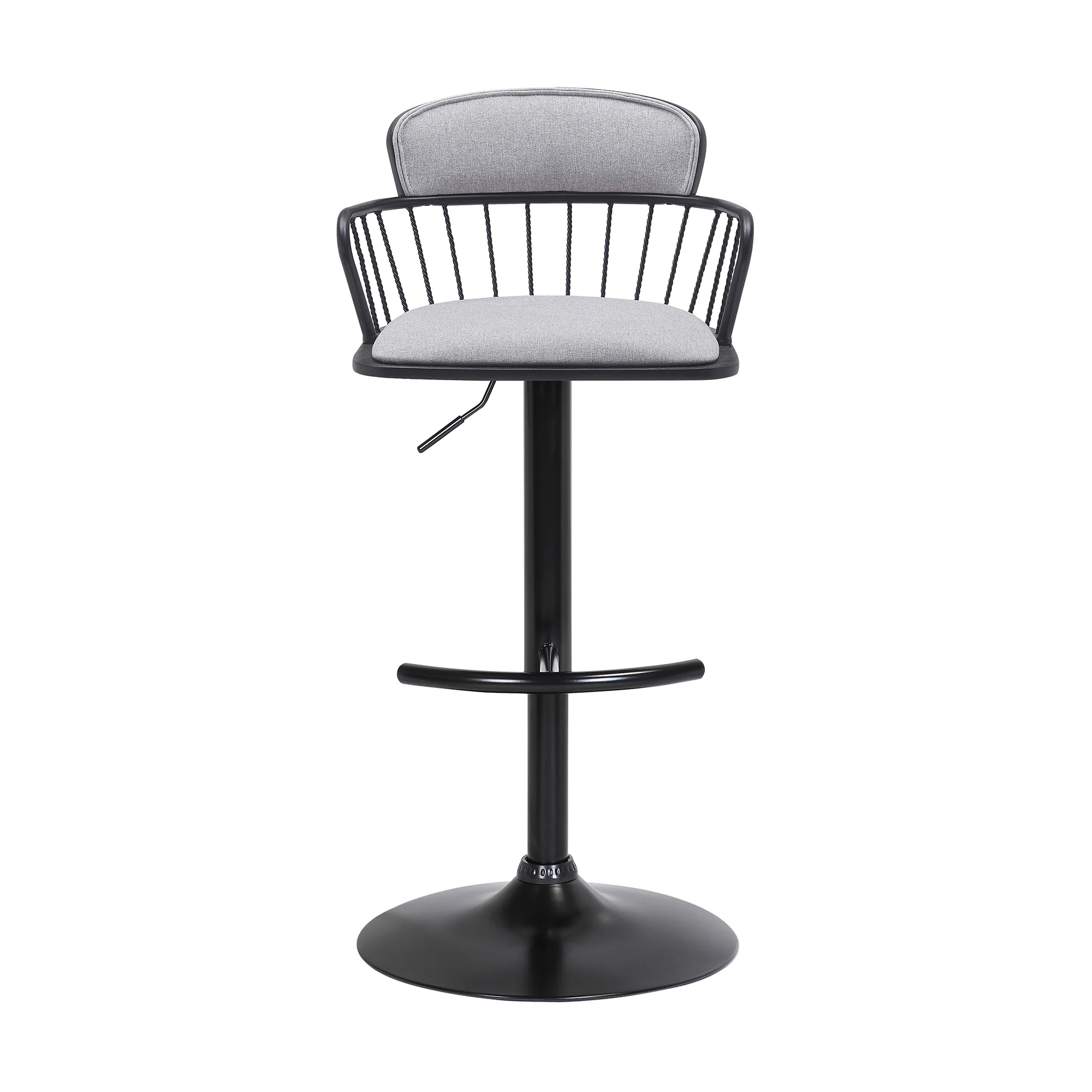Nash Adjustable Black Wood Bar Stool in Light Gray Fabric with Black Metal By Armen Living - Image 3