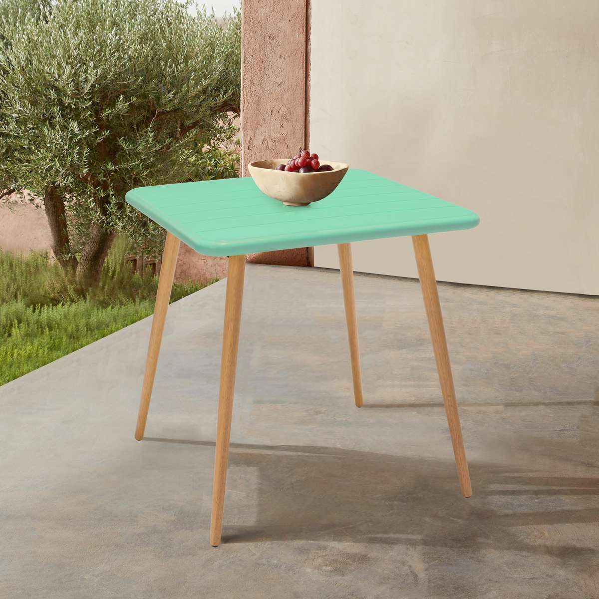 Nassau Square Outdoor Green Eucalyptus Dining Table By Armen Living - Image 6