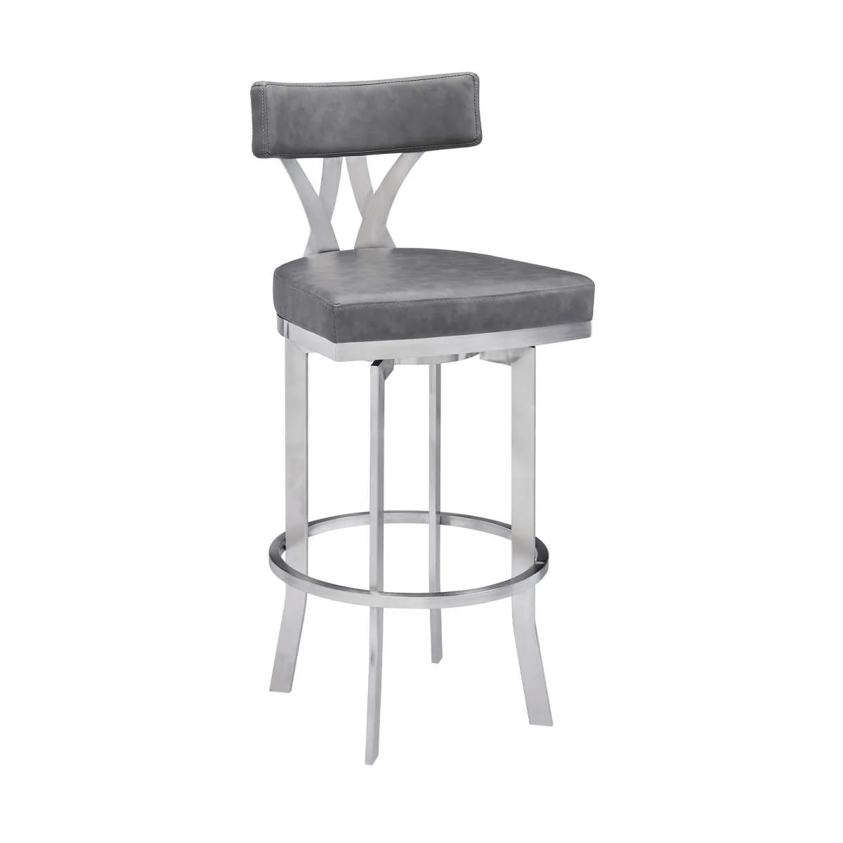 Natalie 30" Bar Height Vintage Grey Faux Leather Upholstery and Brushed Stainless Steel Bar Stool By Armen Living - Image 2