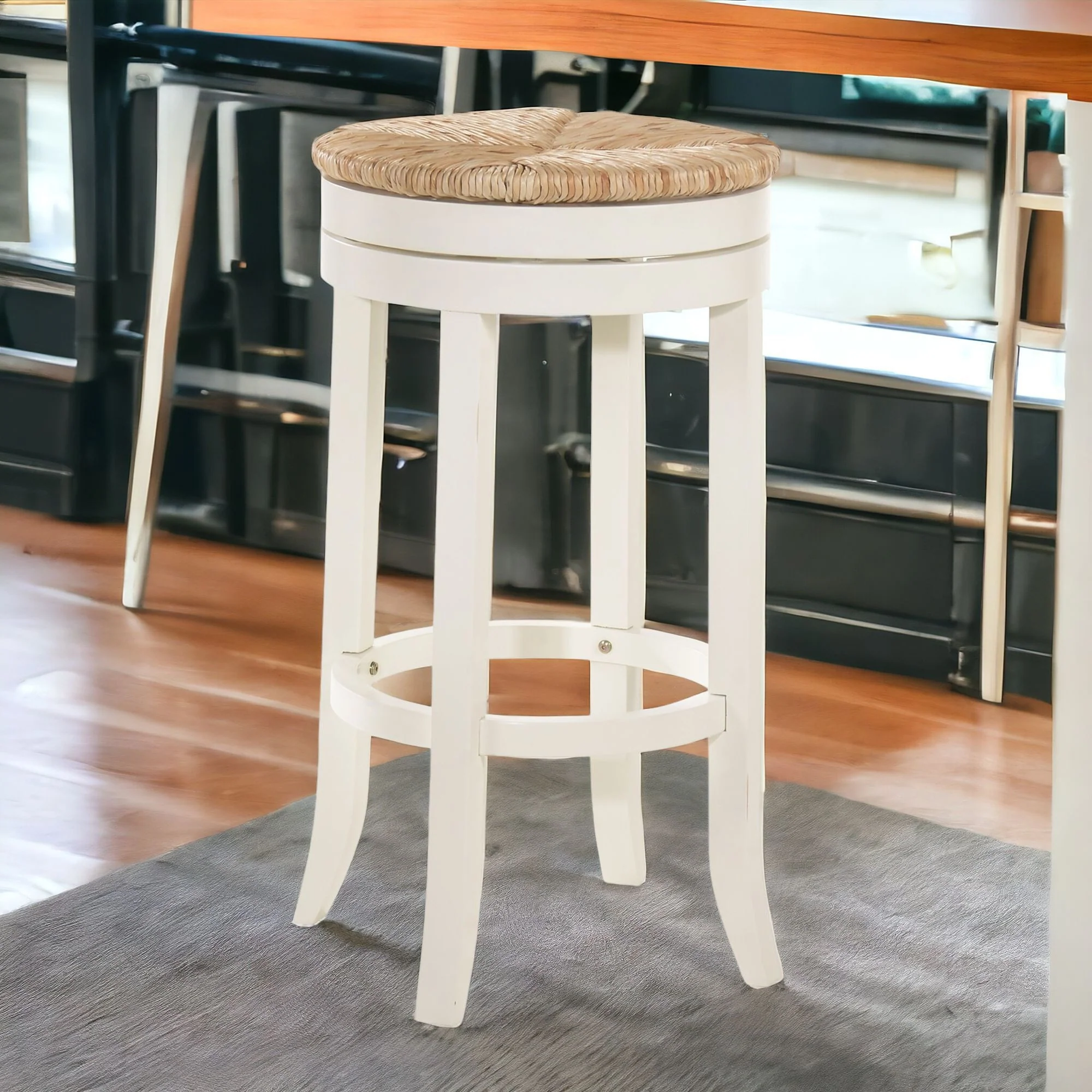 Natural And Antiqued White Solid Wood Swivel Backless Bar Height Bar Chair By Homeroots - Image 2