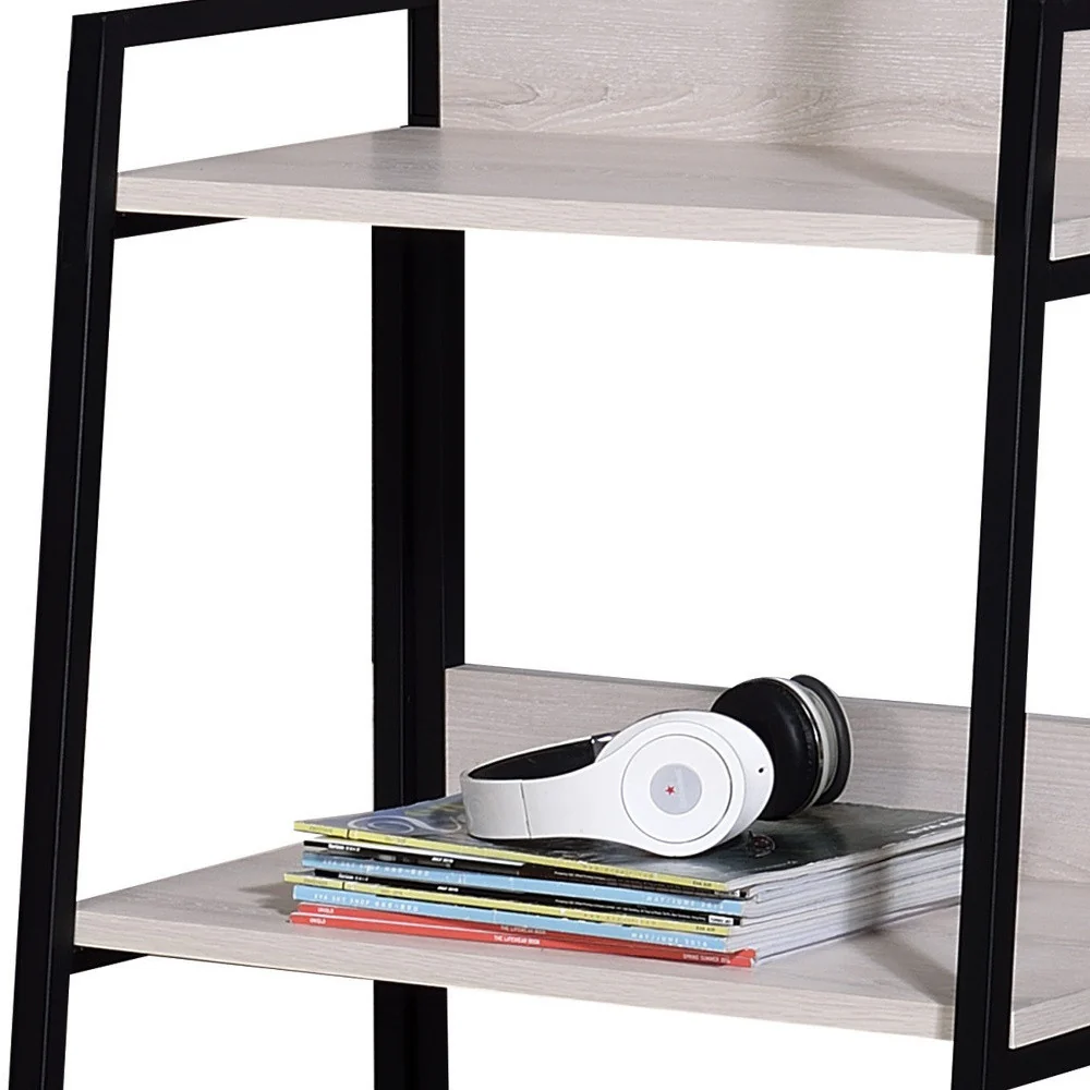 Natural and Black Metal Three Tier Ladder Bookcase By Homeroots - Image 5