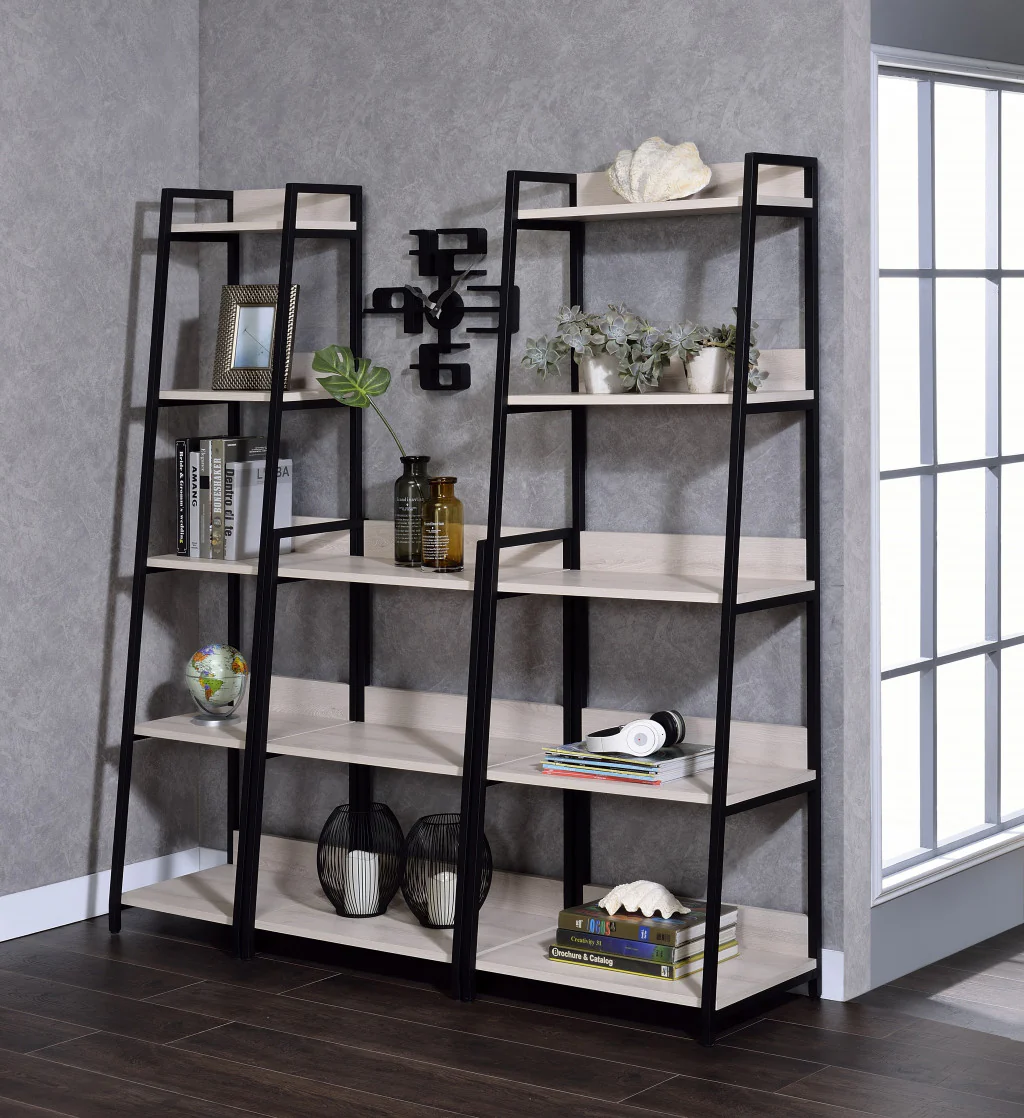 Natural and Black Metal Three Tier Ladder Bookcase By Homeroots - Image 6