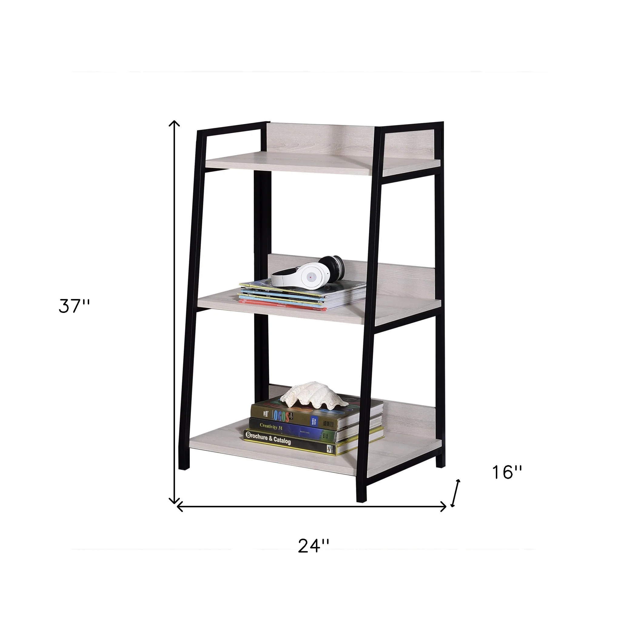 Natural and Black Metal Three Tier Ladder Bookcase By Homeroots - Image 7