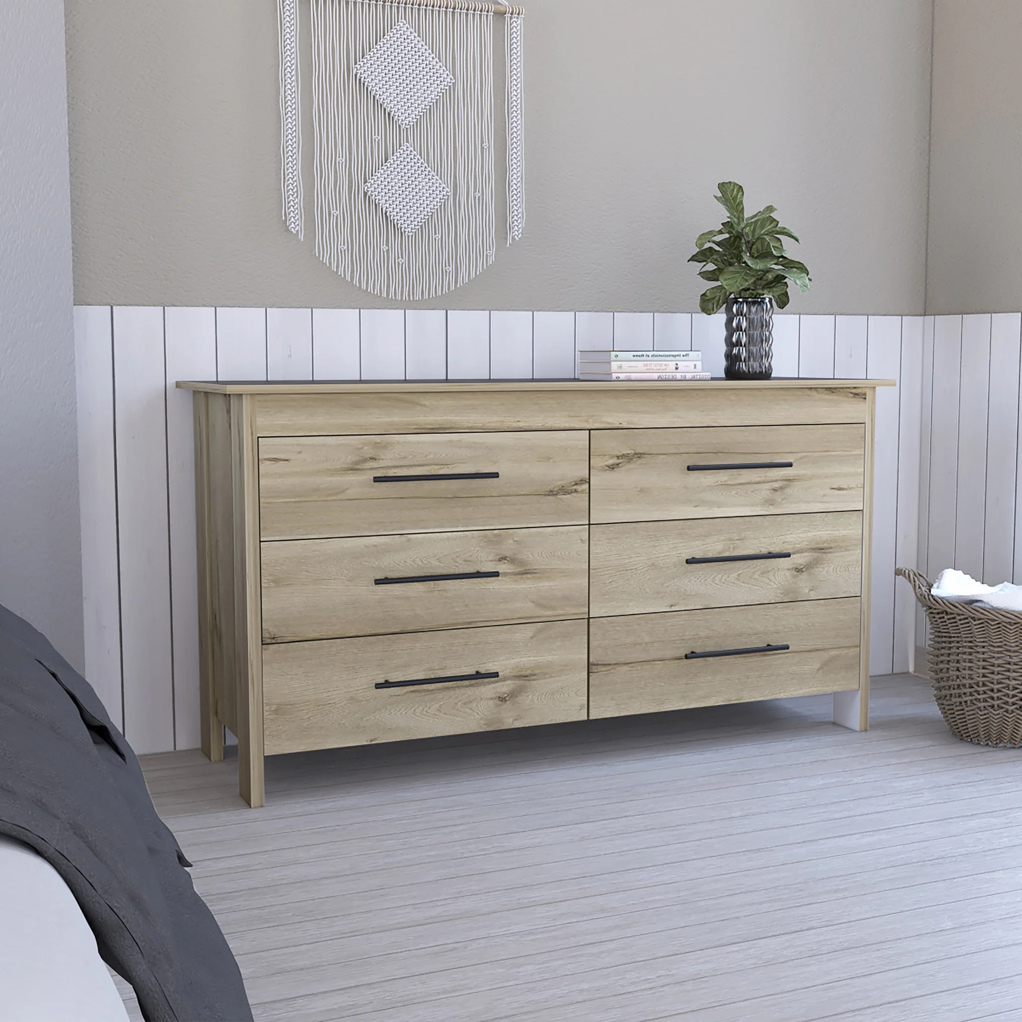 Natural and Black Six Drawer Double Dresser By Homeroots - Image 5