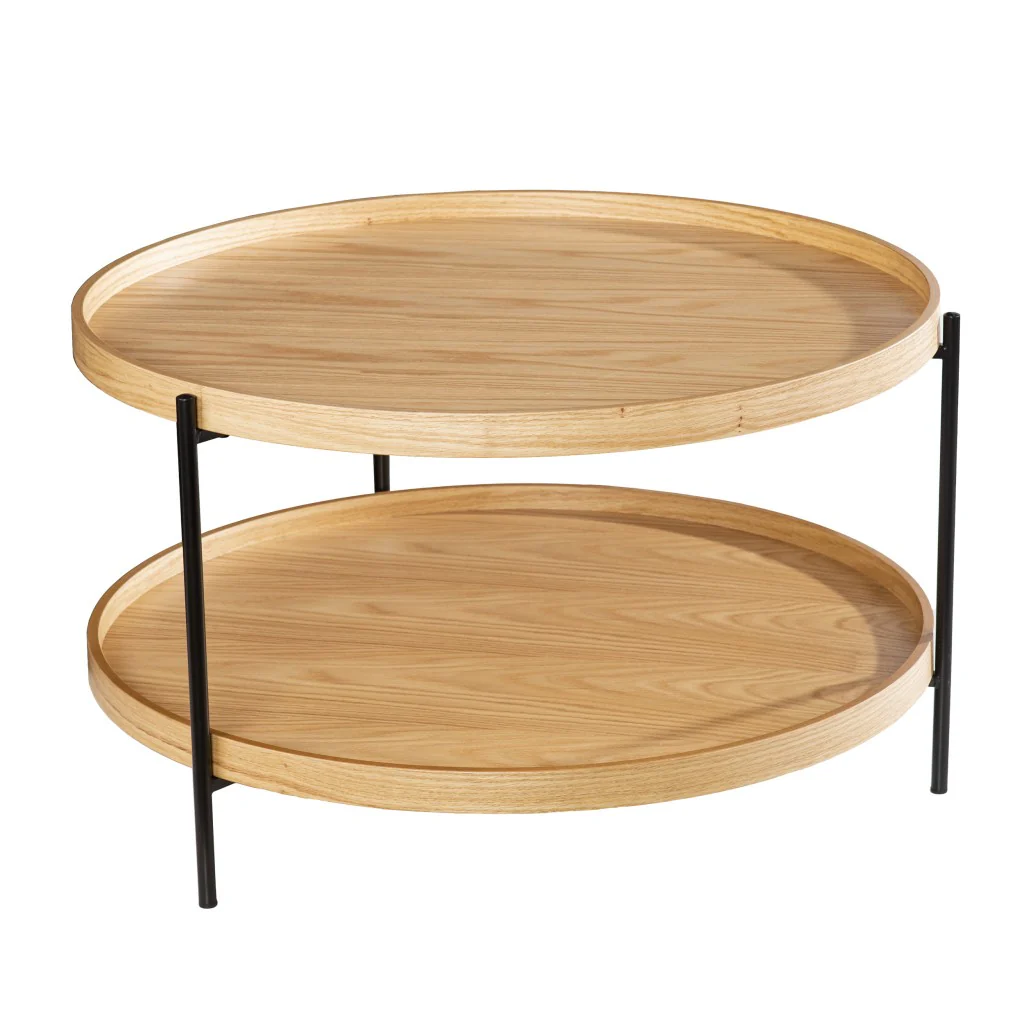Natural and Black Wood and Metal Round Coffee Table By Homeroots - Image 2