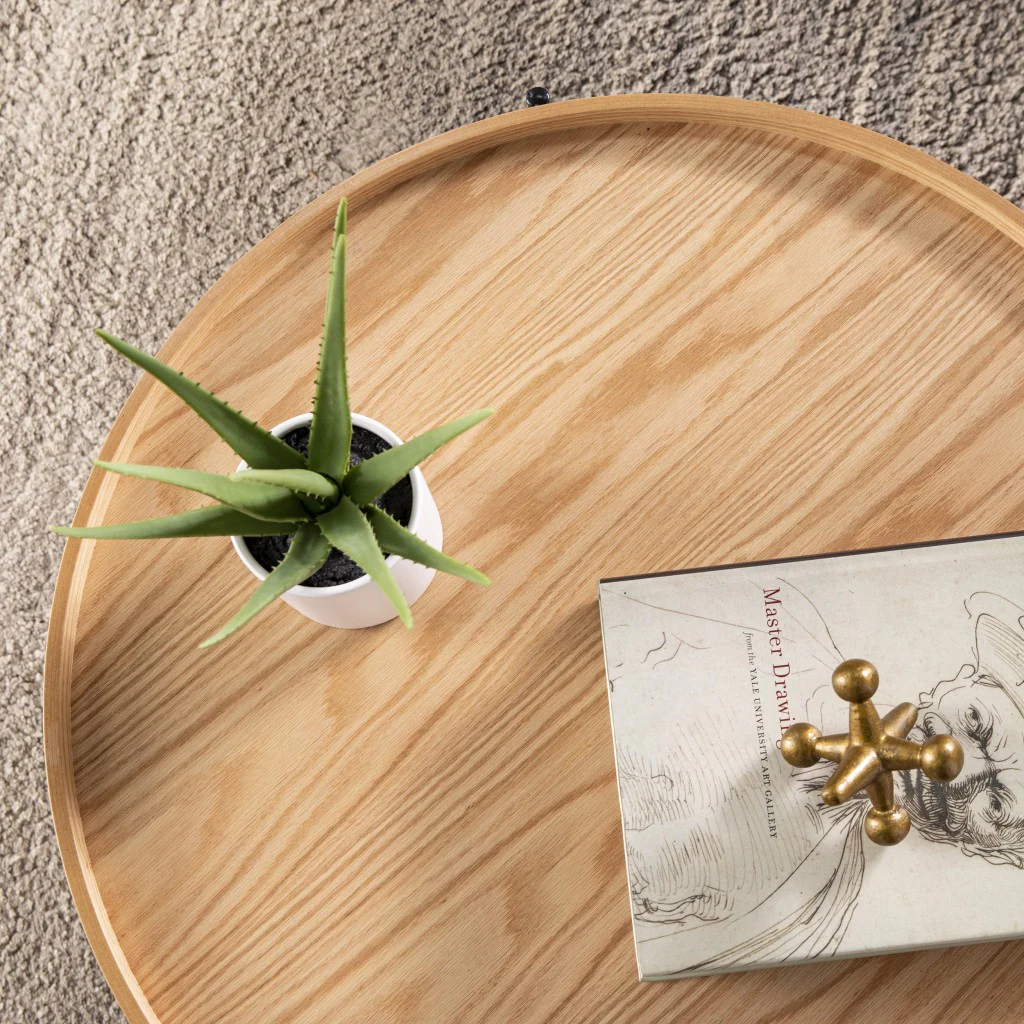 Natural and Black Wood and Metal Round Coffee Table By Homeroots - Image 3