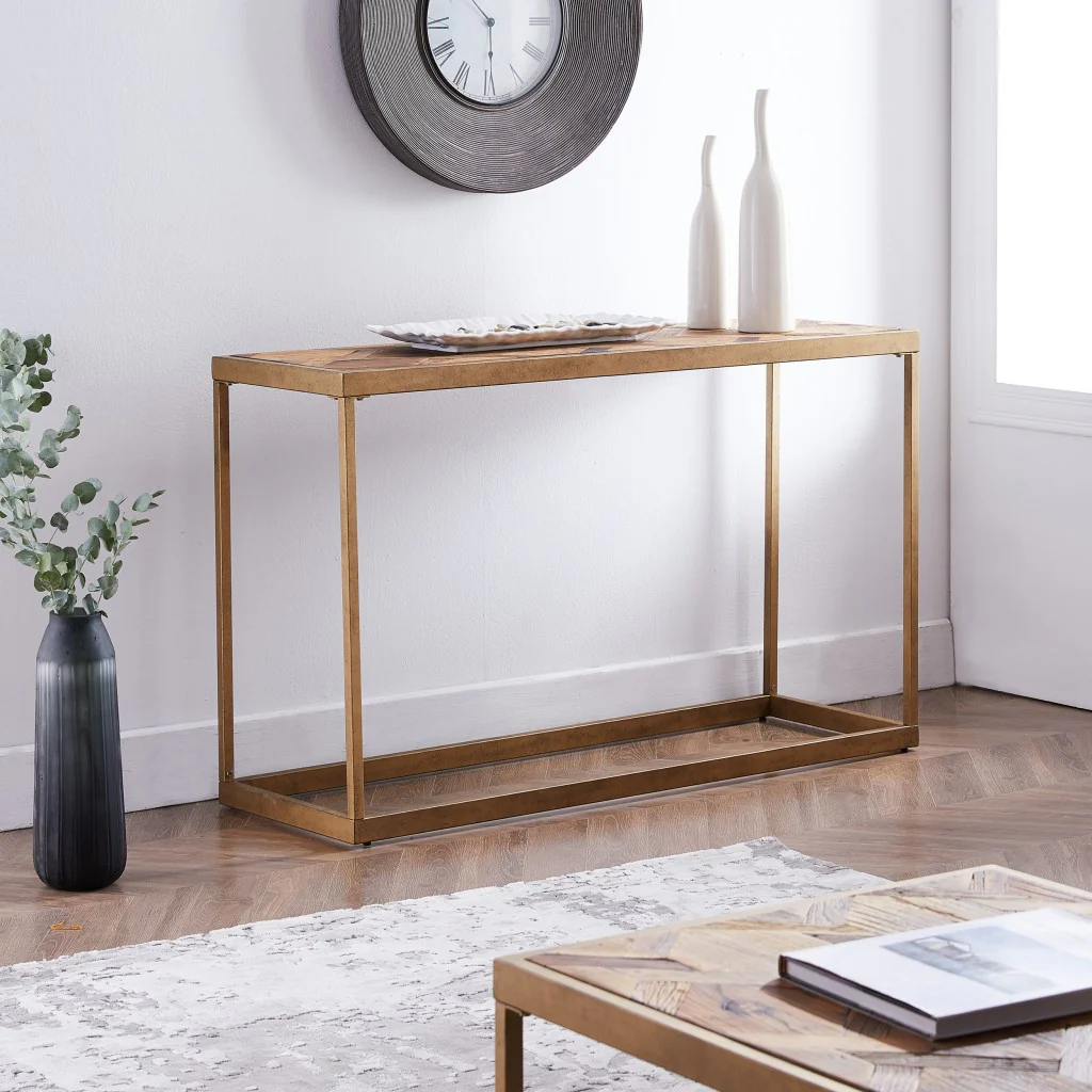 Natural and Brass Reclaimed Wood Frame Console Table By Homeroots - Image 6