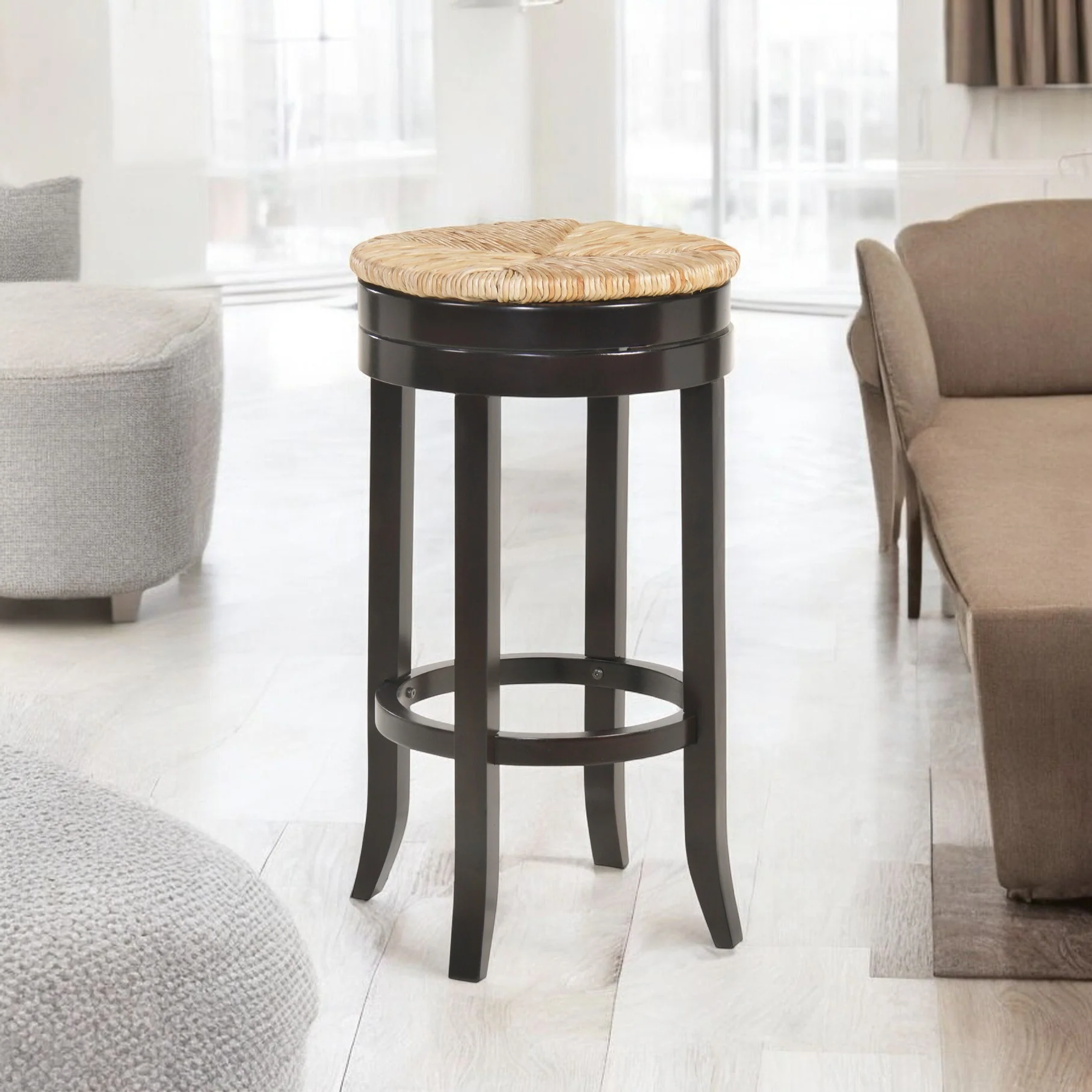 Natural and Espresso Rush and Solid Wood Backless Bar Height Swivel Bar Chair By Homeroots - Image 4