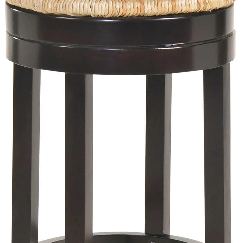 Natural and Espresso Rush and Solid Wood Backless Bar Height Swivel Bar Chair By Homeroots - Image 5