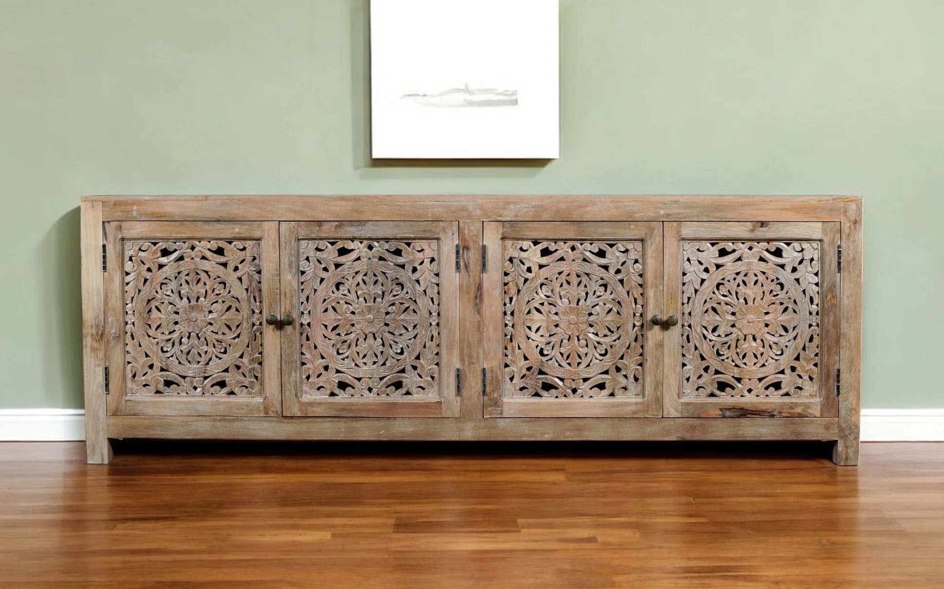 Natural Carved Floral Distressed Solid Wood Enclosed Storage TV Stand By Homeroots - Image 2