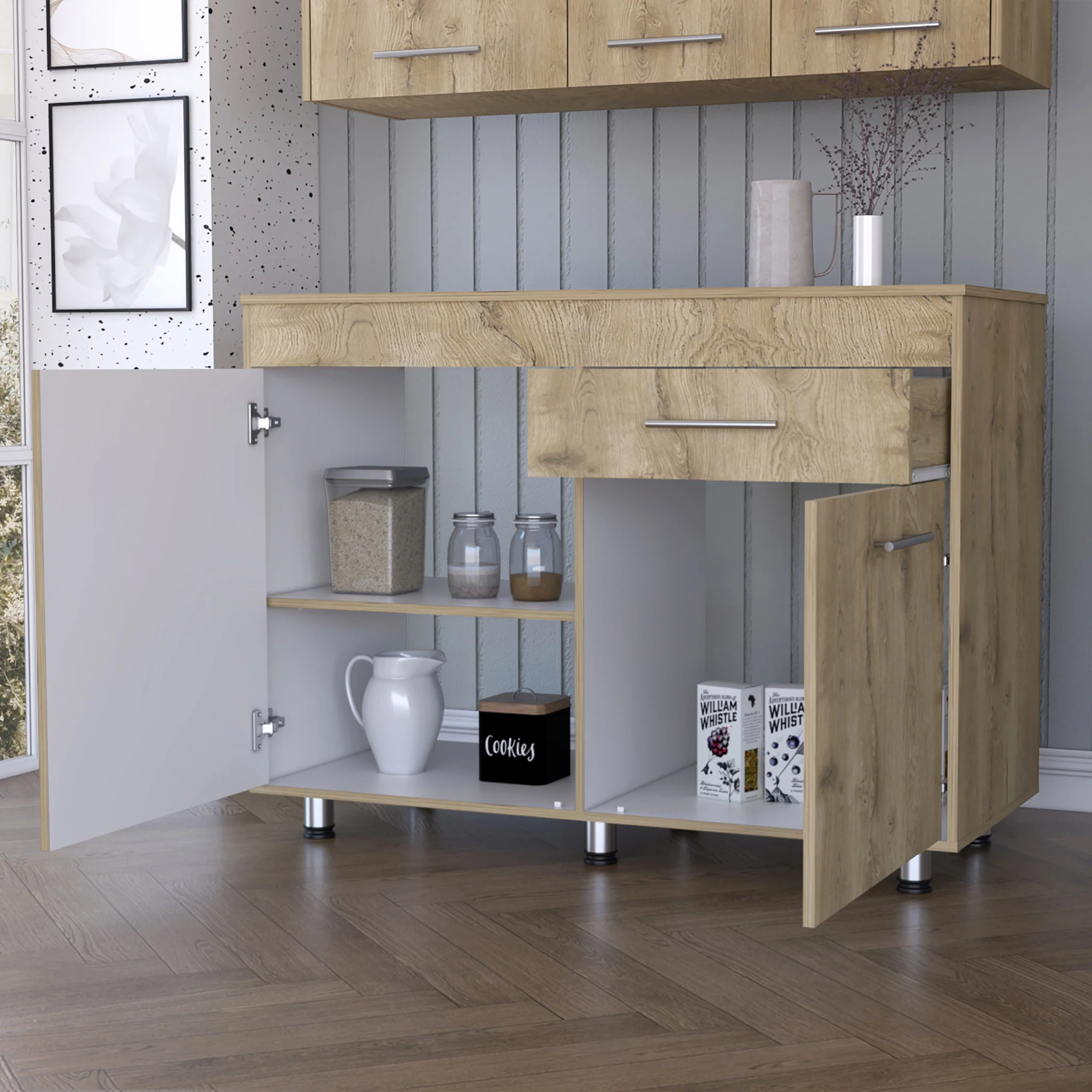 Natural Console Accent Cabinet With Three Shelves And One Drawer By Homeroots - Image 3
